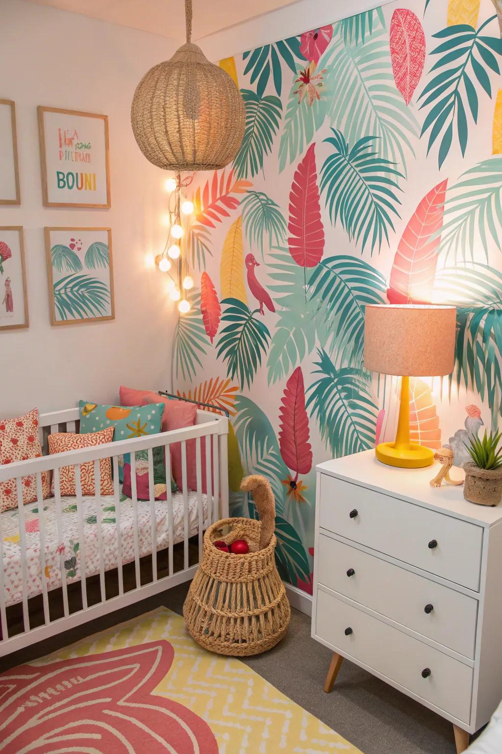 A lively exotic getaway nursery brimming with color and quirkiness.
