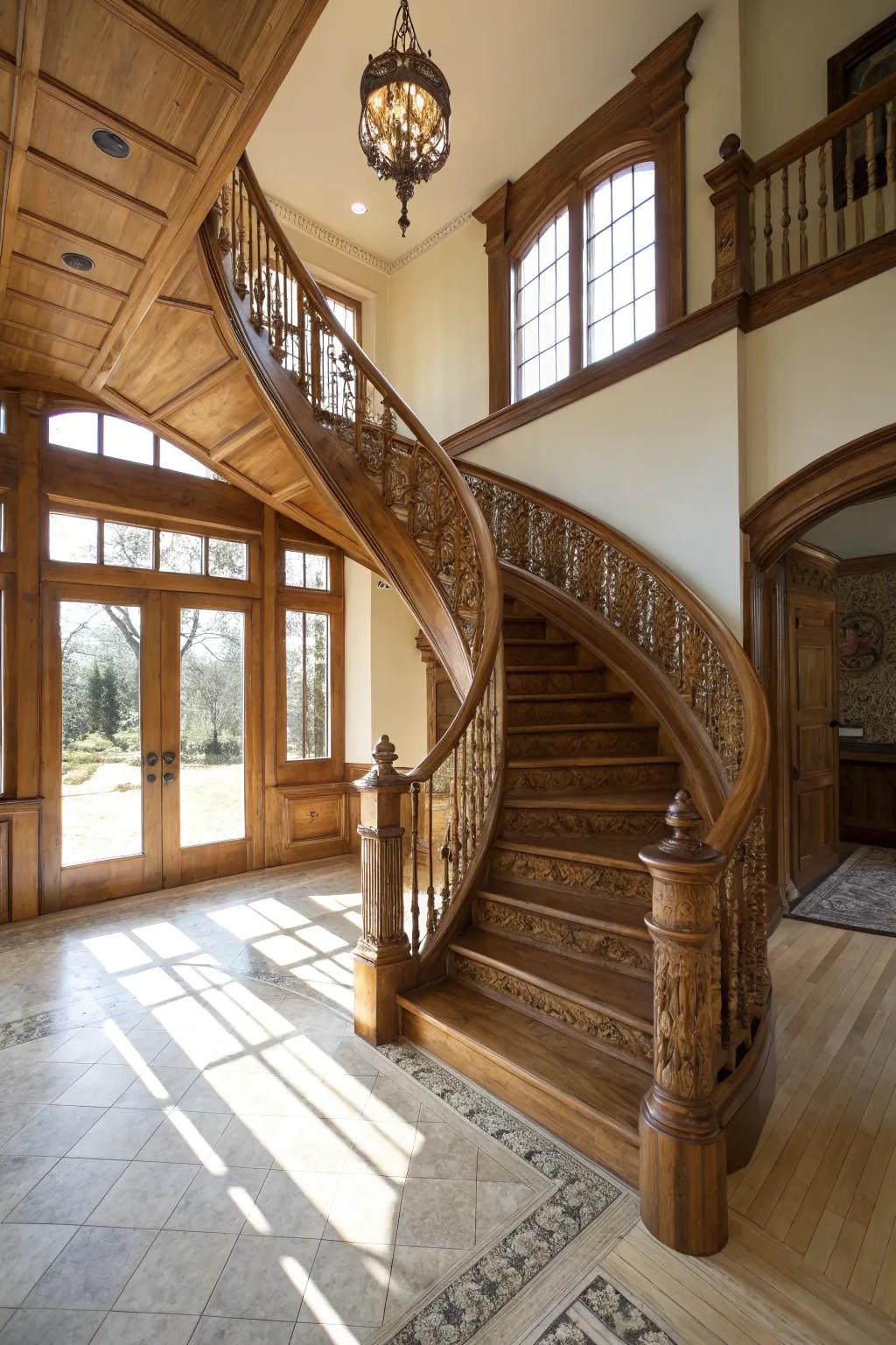 A captivating spiral maple staircase that adds elegance and charm.