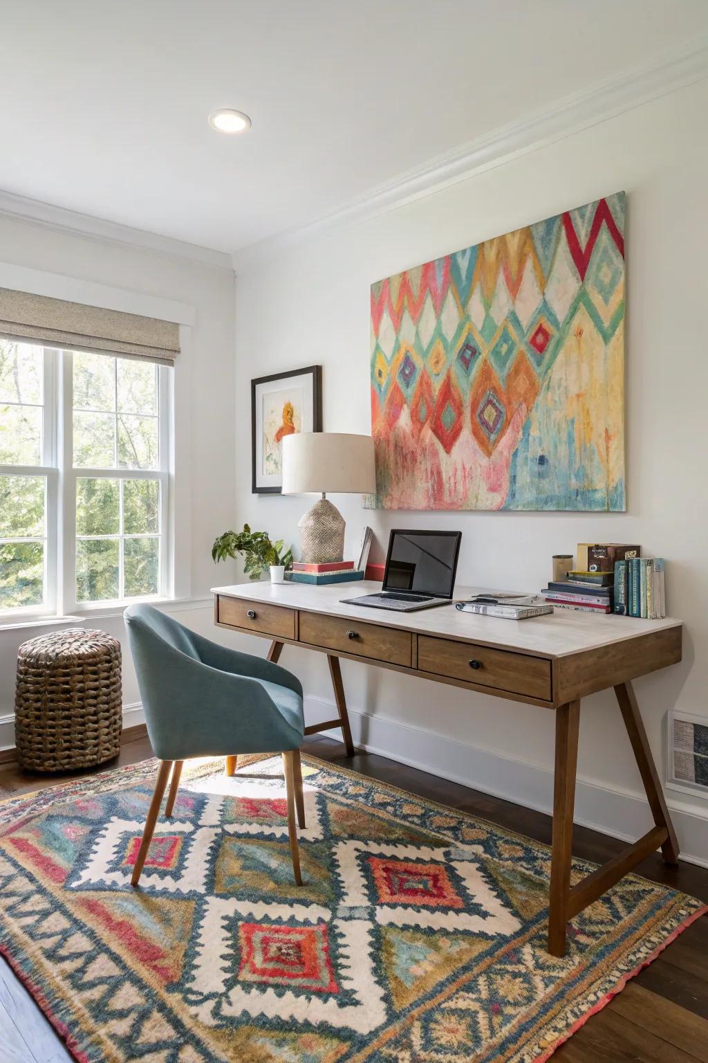 Personalize your office retreat with artwork and floor coverings.