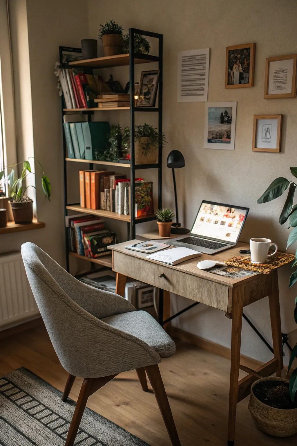 A cozy home setup filled with practical and personal items.