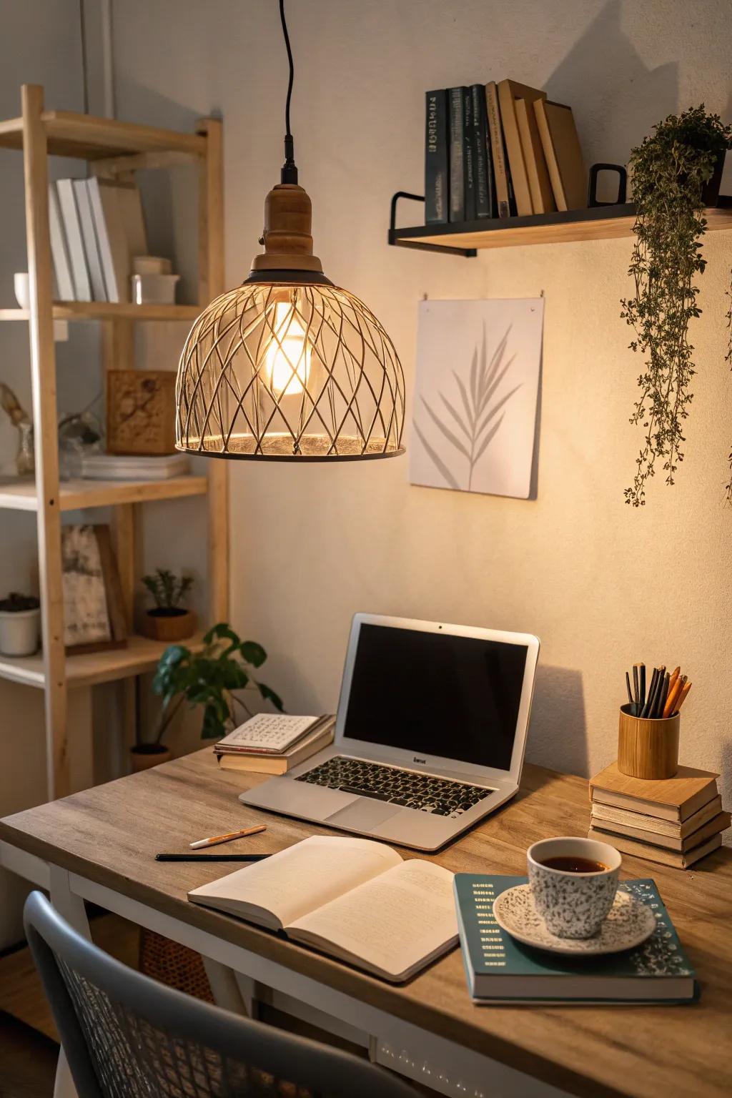 Establish balance in your home office with elegant hanging lighting.