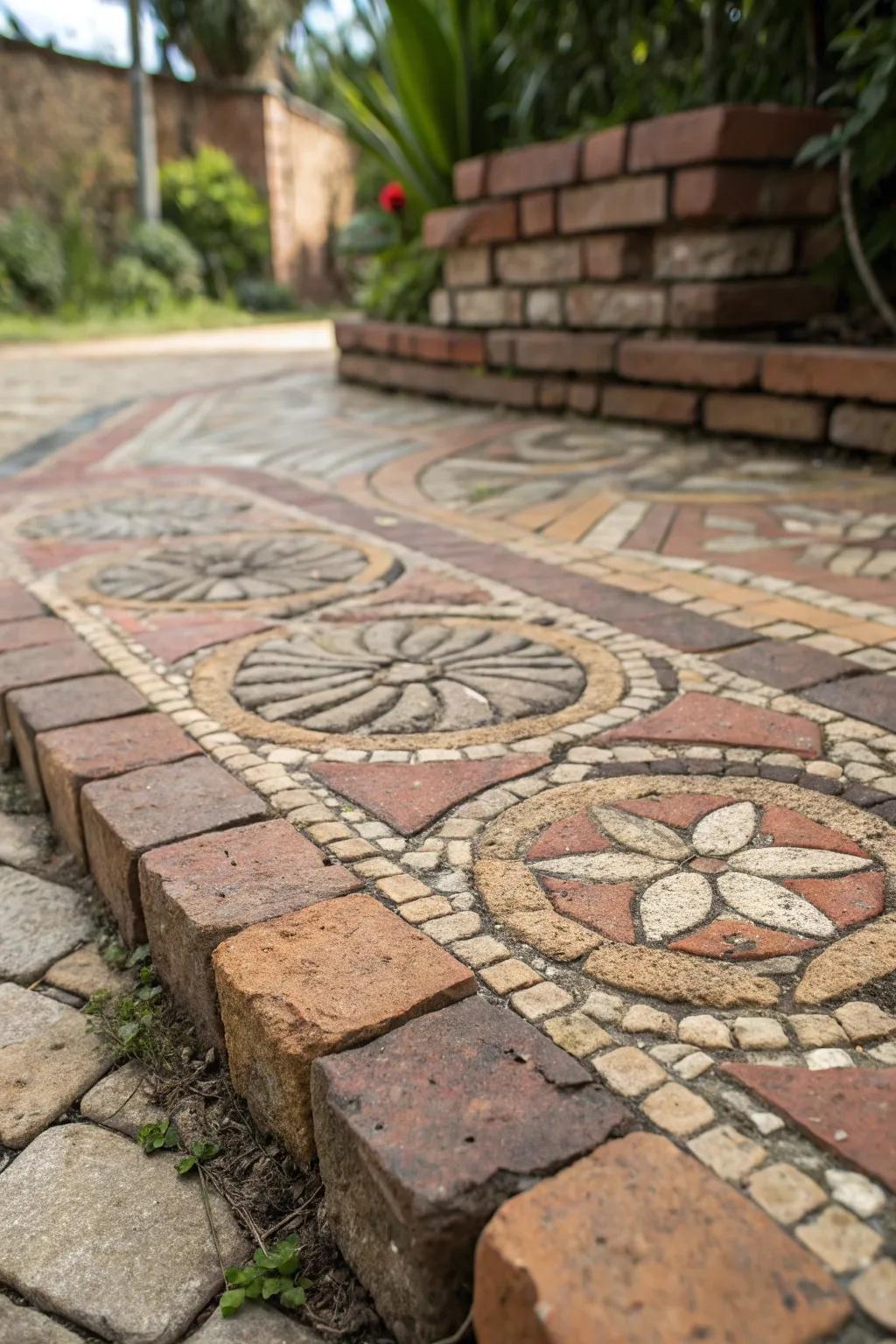 A unique brick mosaic adds a personal touch to this patio