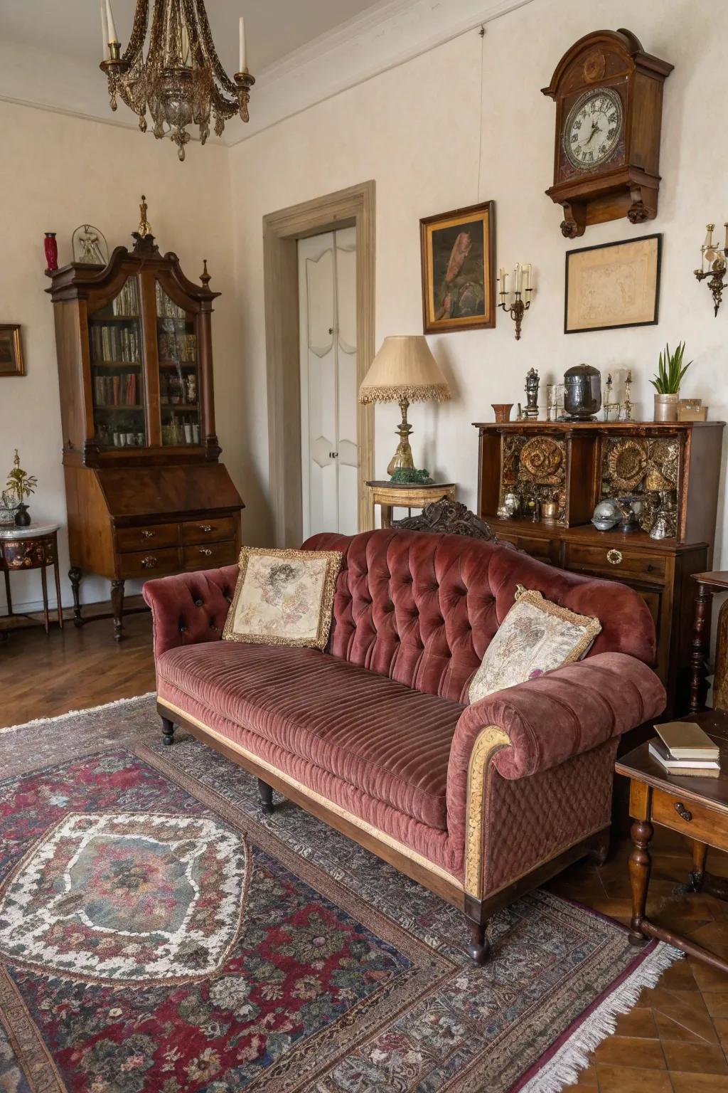 Warm textures like velvet and rich rugs add luxury.
