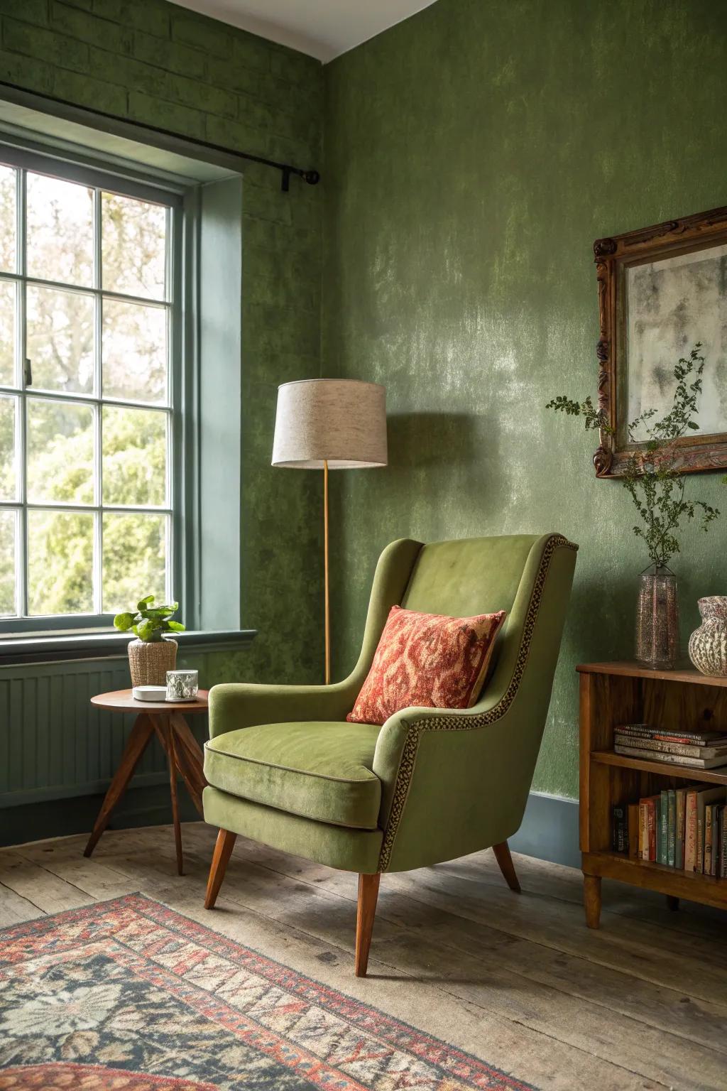 A vintage armchair brings a striking contrast against leafy green walls.