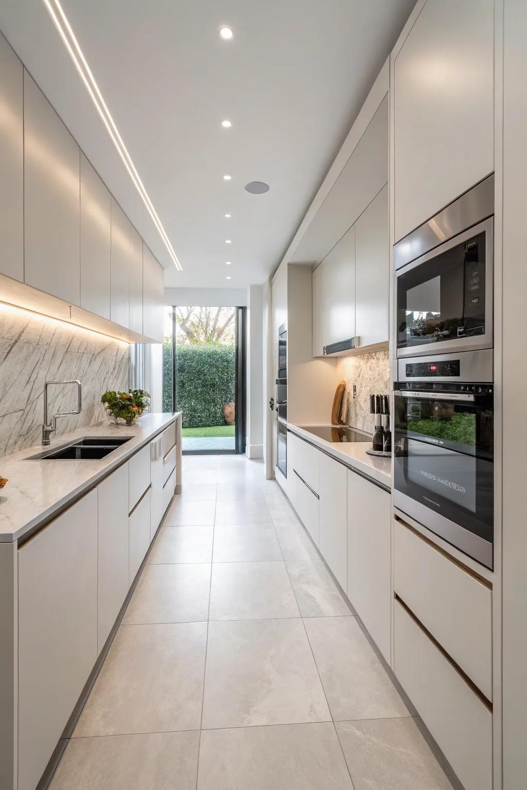 Integrated appliances in a galley kitchen for a seamless aesthetic.