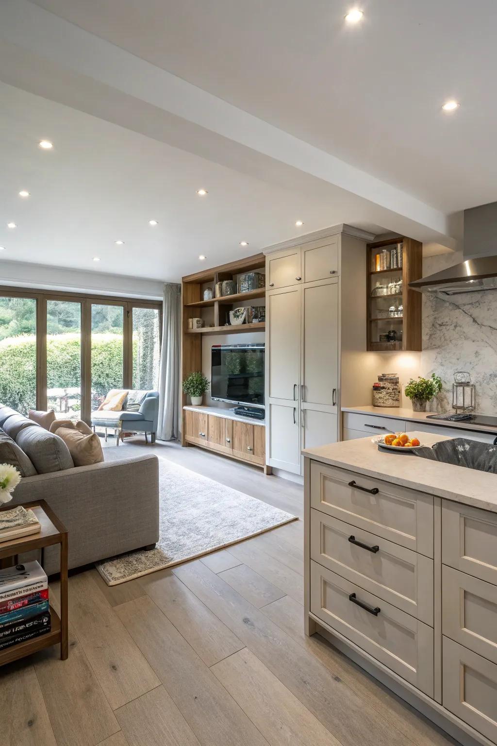 Ingenious storage solutions maintain a neat and systematic open area.