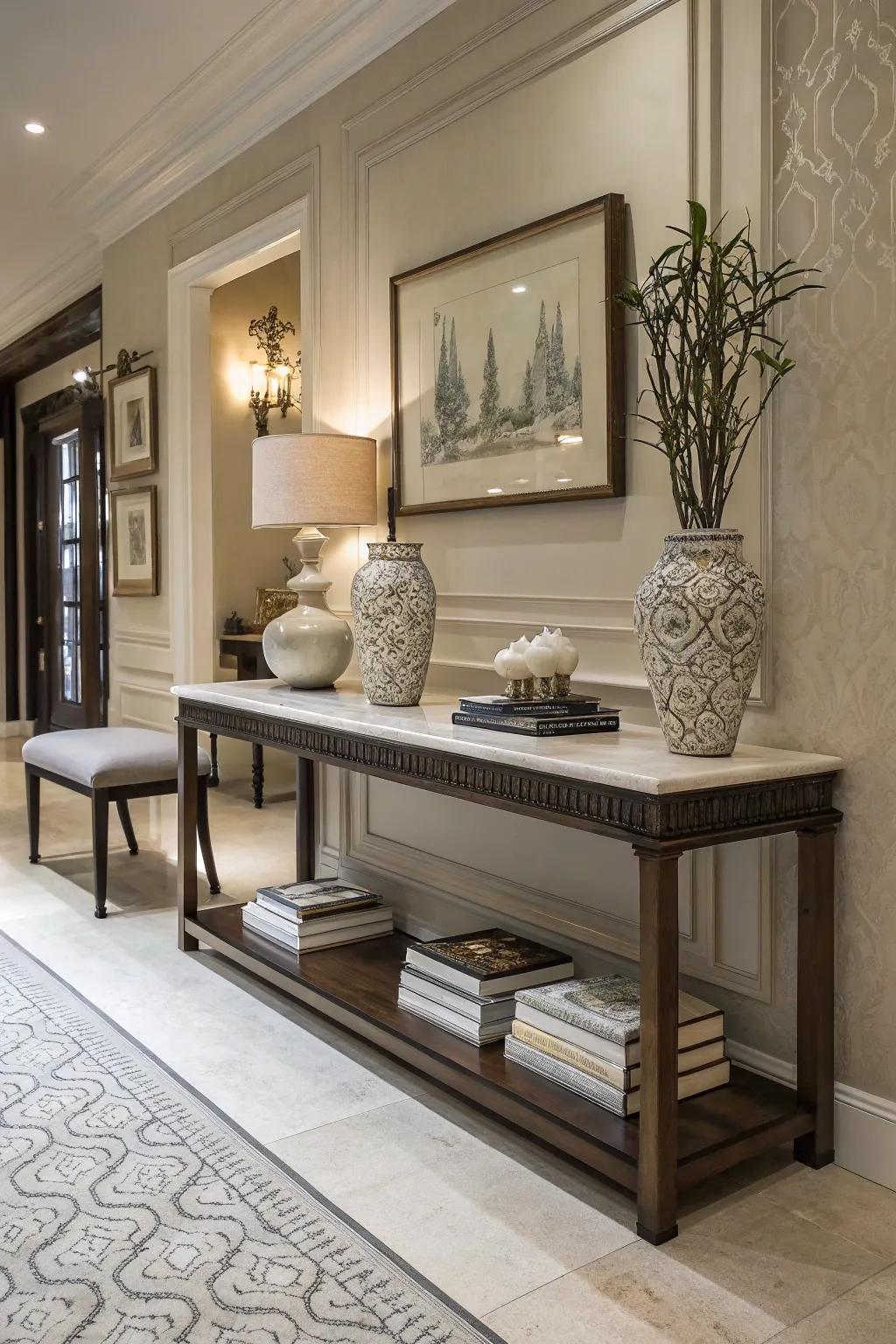 Stylish furniture melds usefulness with personal taste in the entryway.