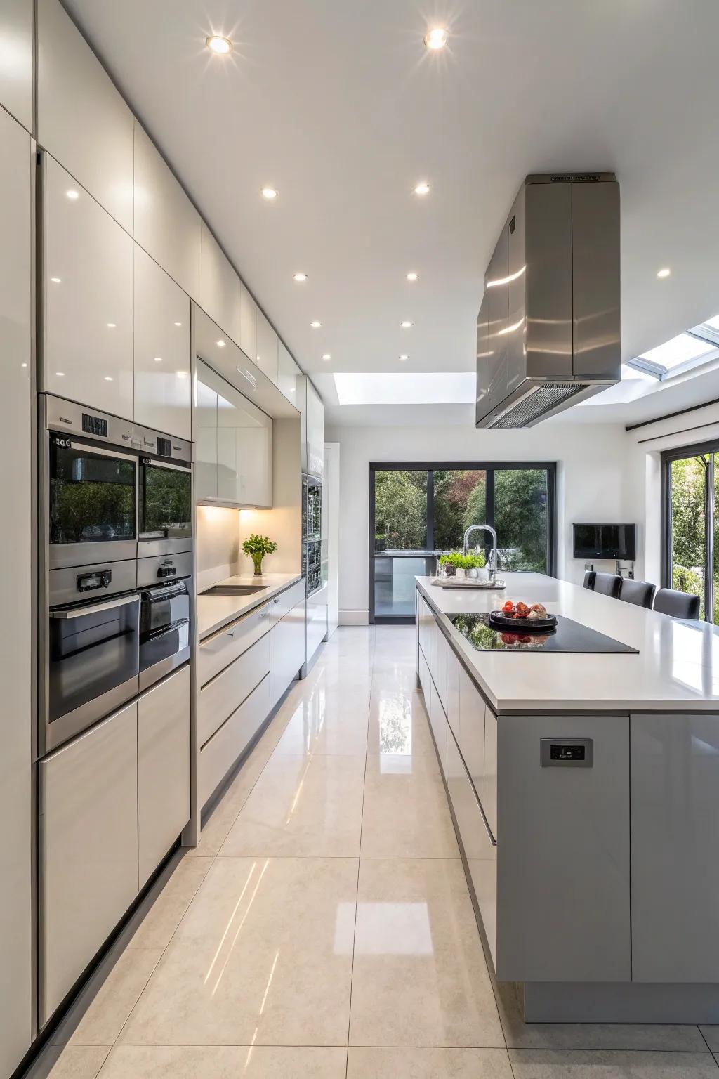 Sleek appliances intermix harmoniously into the open kitchen concept.