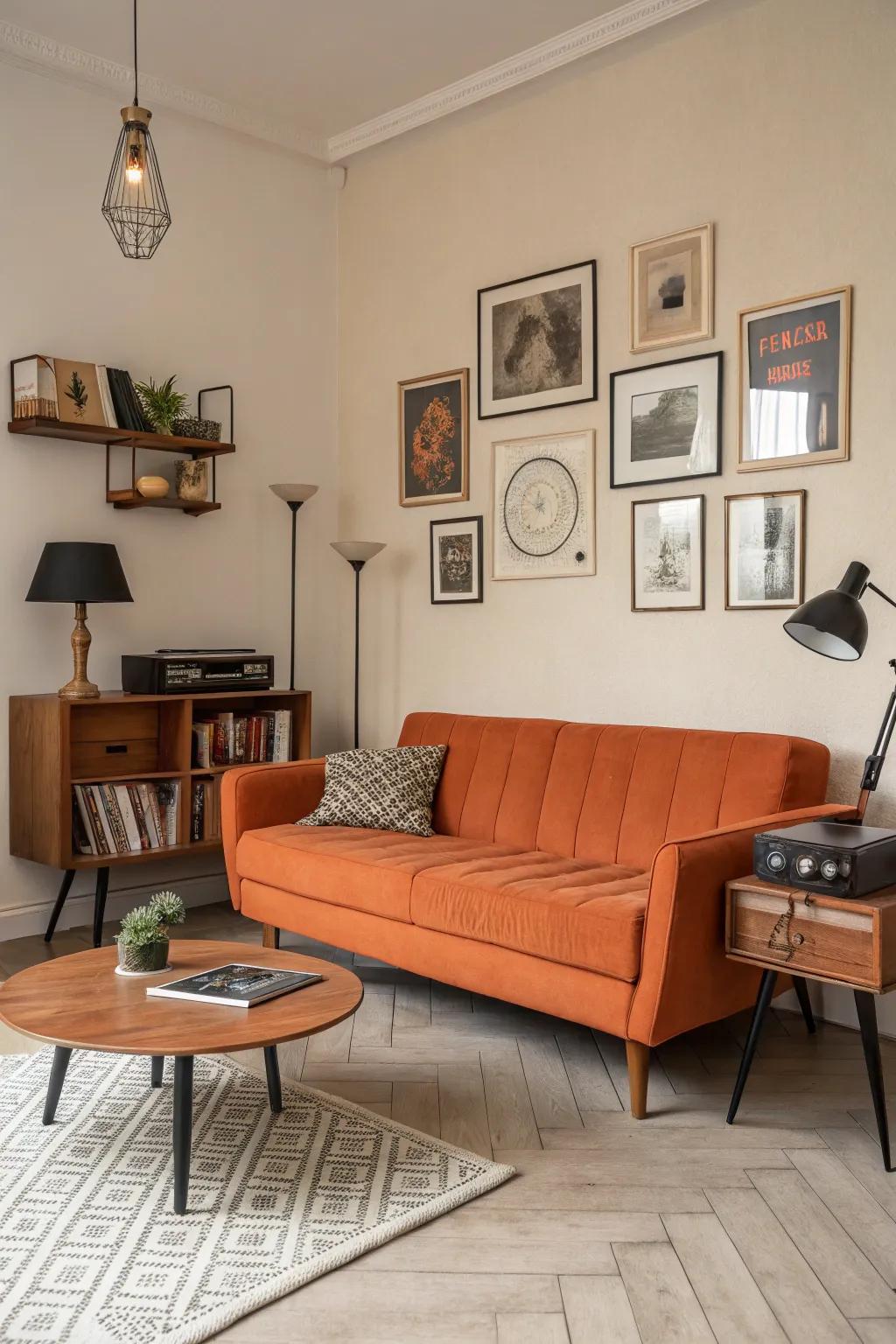 A mid-century modern living room featuring a striking orange sofa as the main attraction.