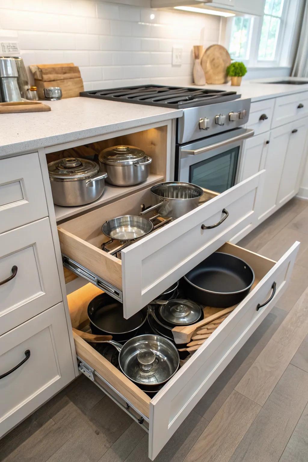 Slide-out shelves making it easy to get to cookware.