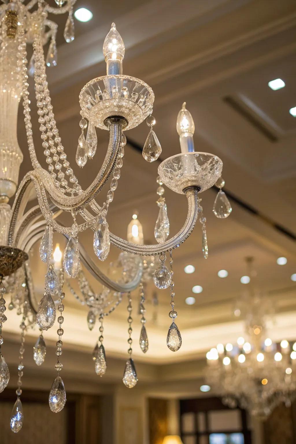 A chandelier enhanced with shimmering ornaments.