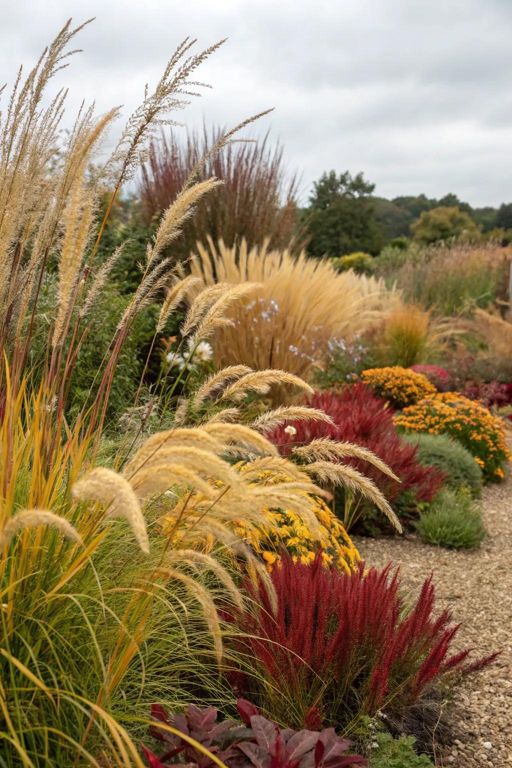 Occasional tone changes in decorative grasses add year-round interest.