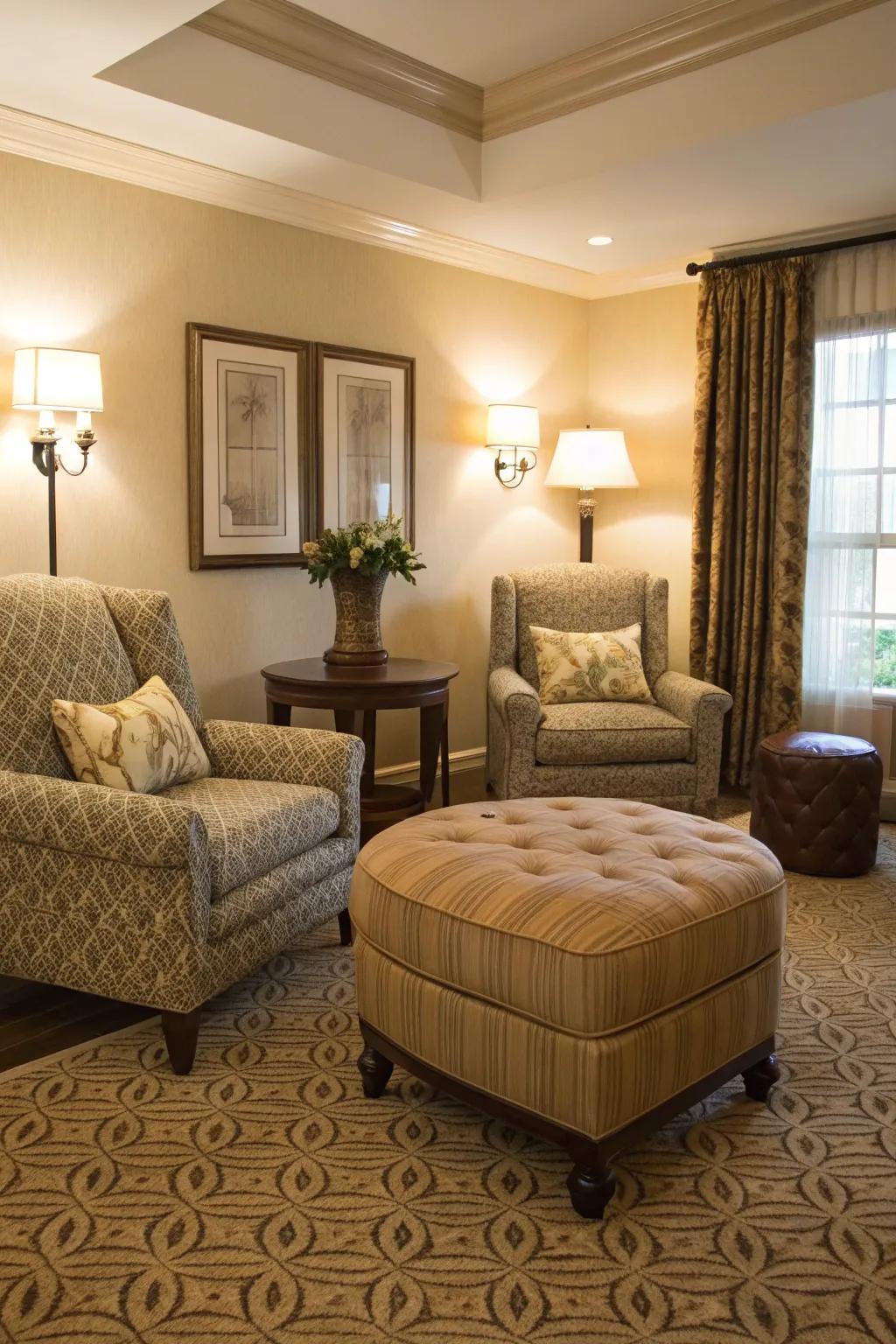 An ottoman being used as extra seating in a cozy room.