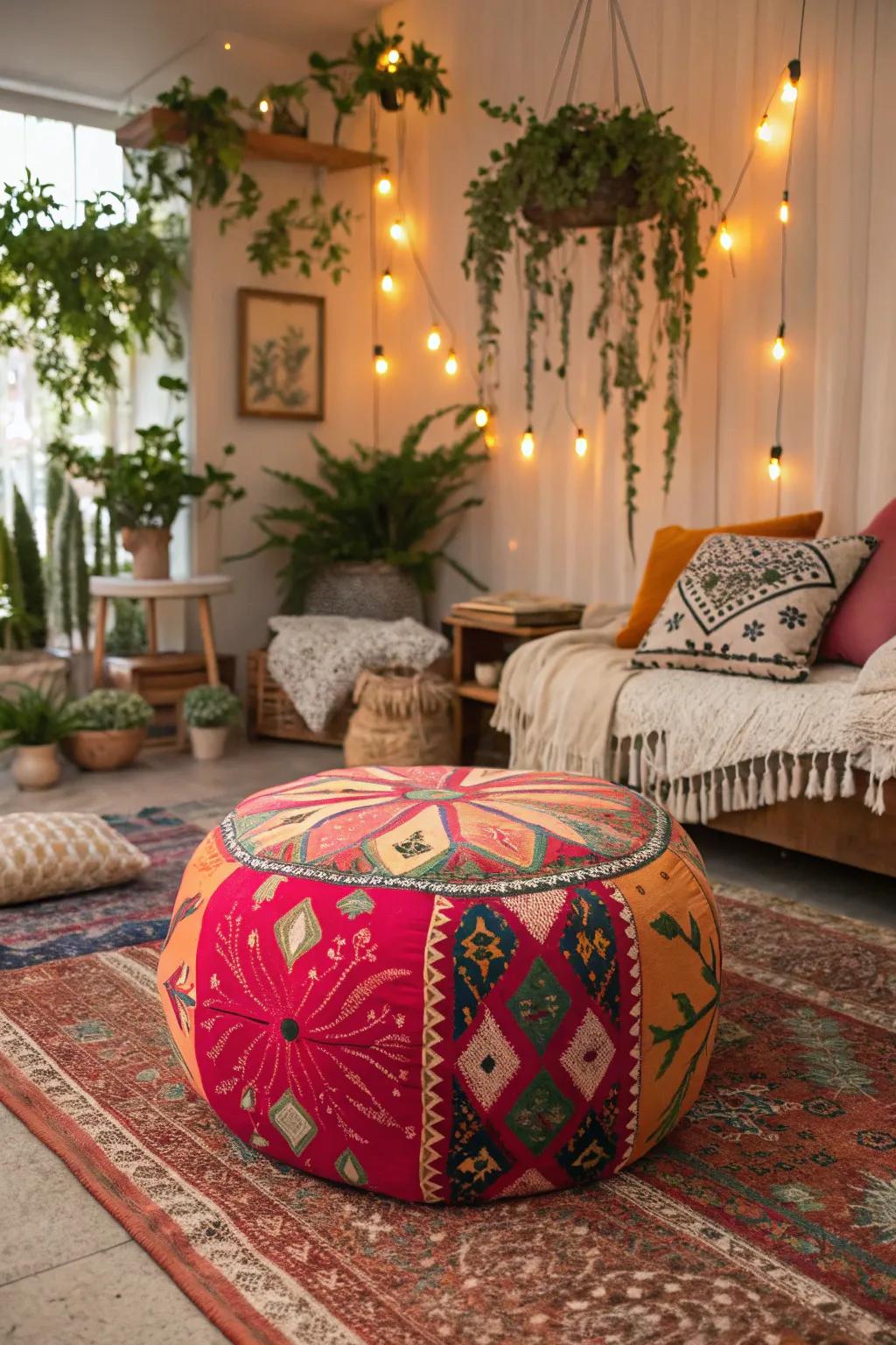 A bohemian seating ottoman injects lively energy into an eclectic lounge.