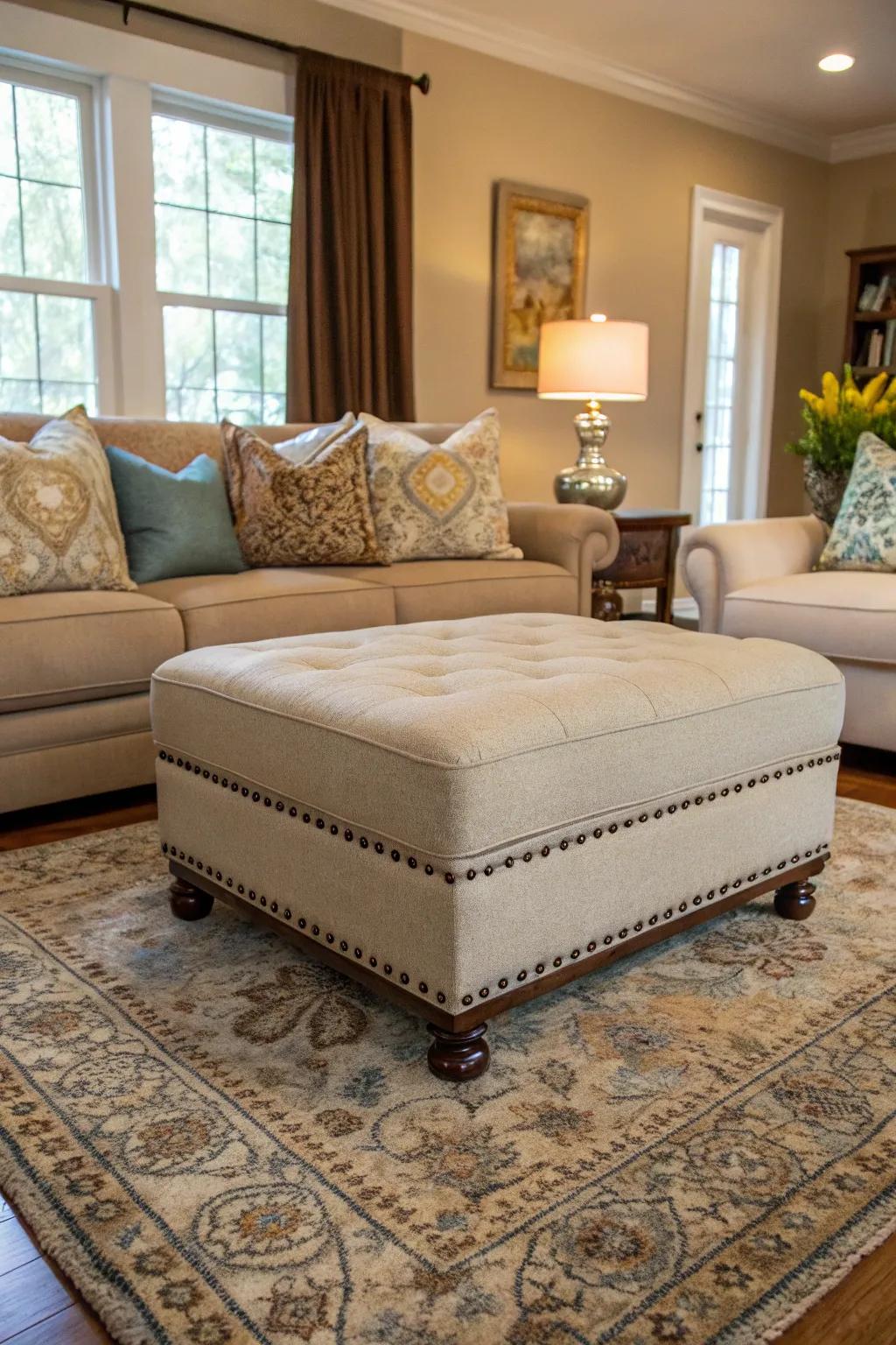 A harmonious fusion of hues and patterns with a matching footrest.
