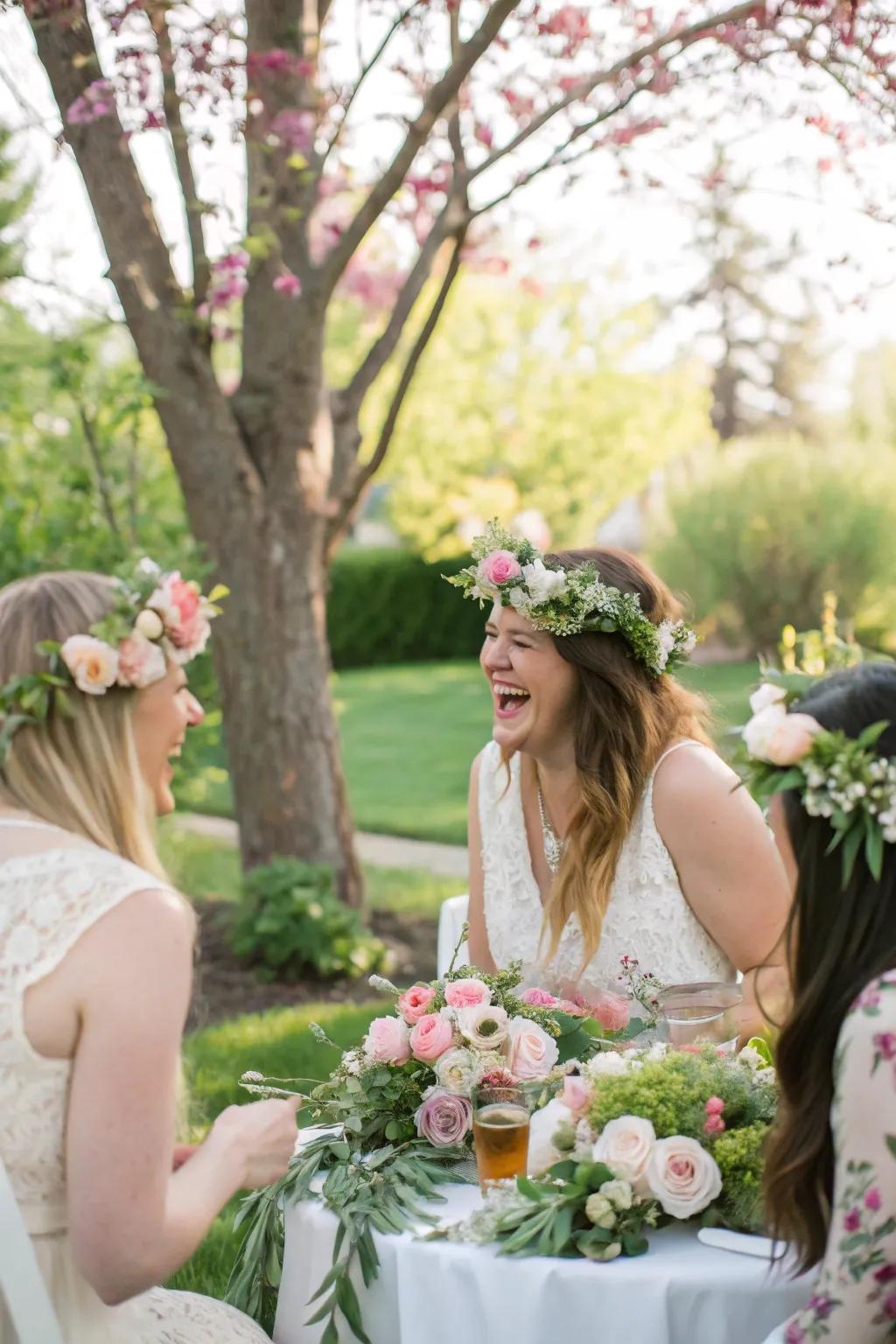 Guests designing elegant flower adornments for a dash of boho charm.