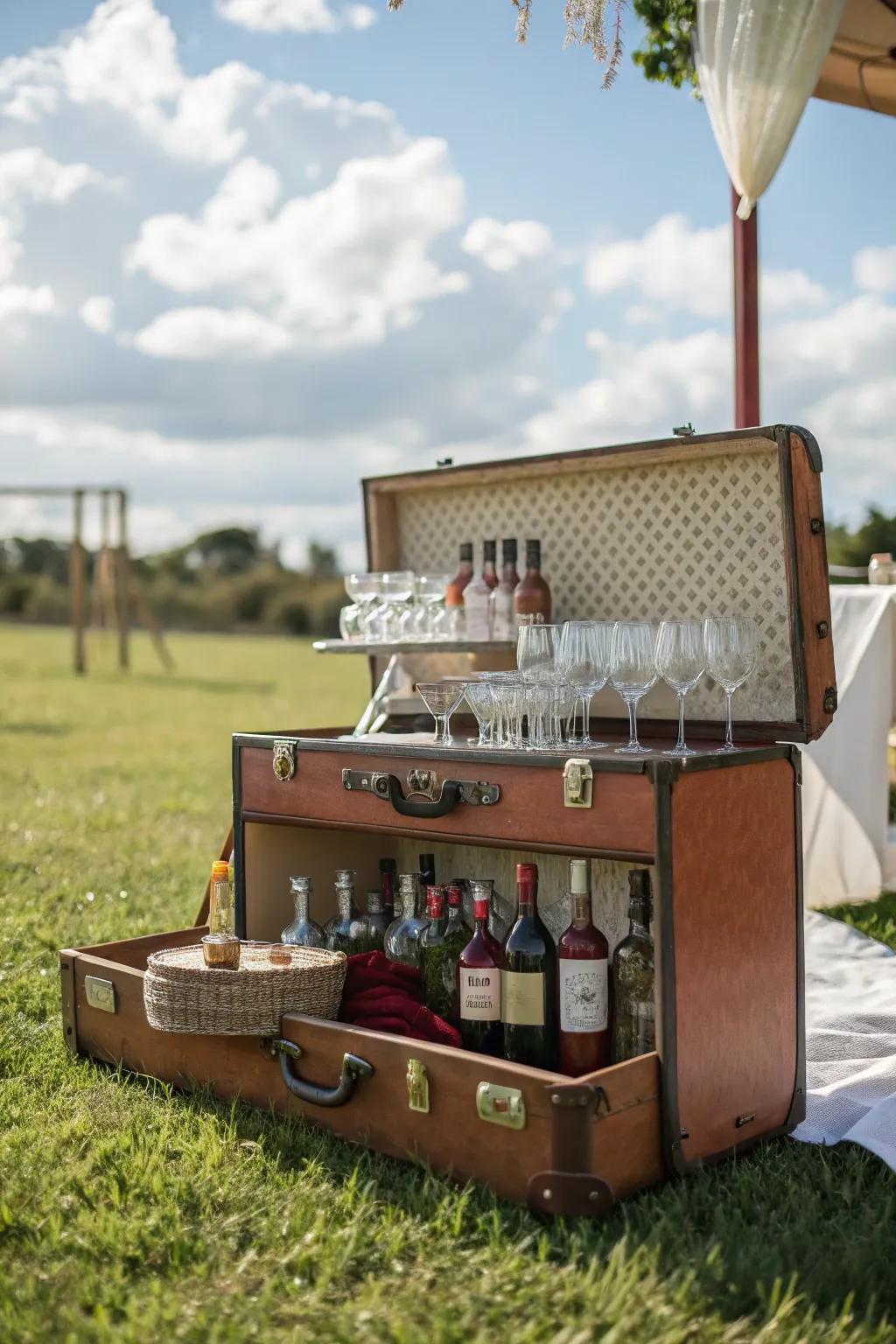 A classic travel case bar cart injects a retro flair into your outdoor gatherings.