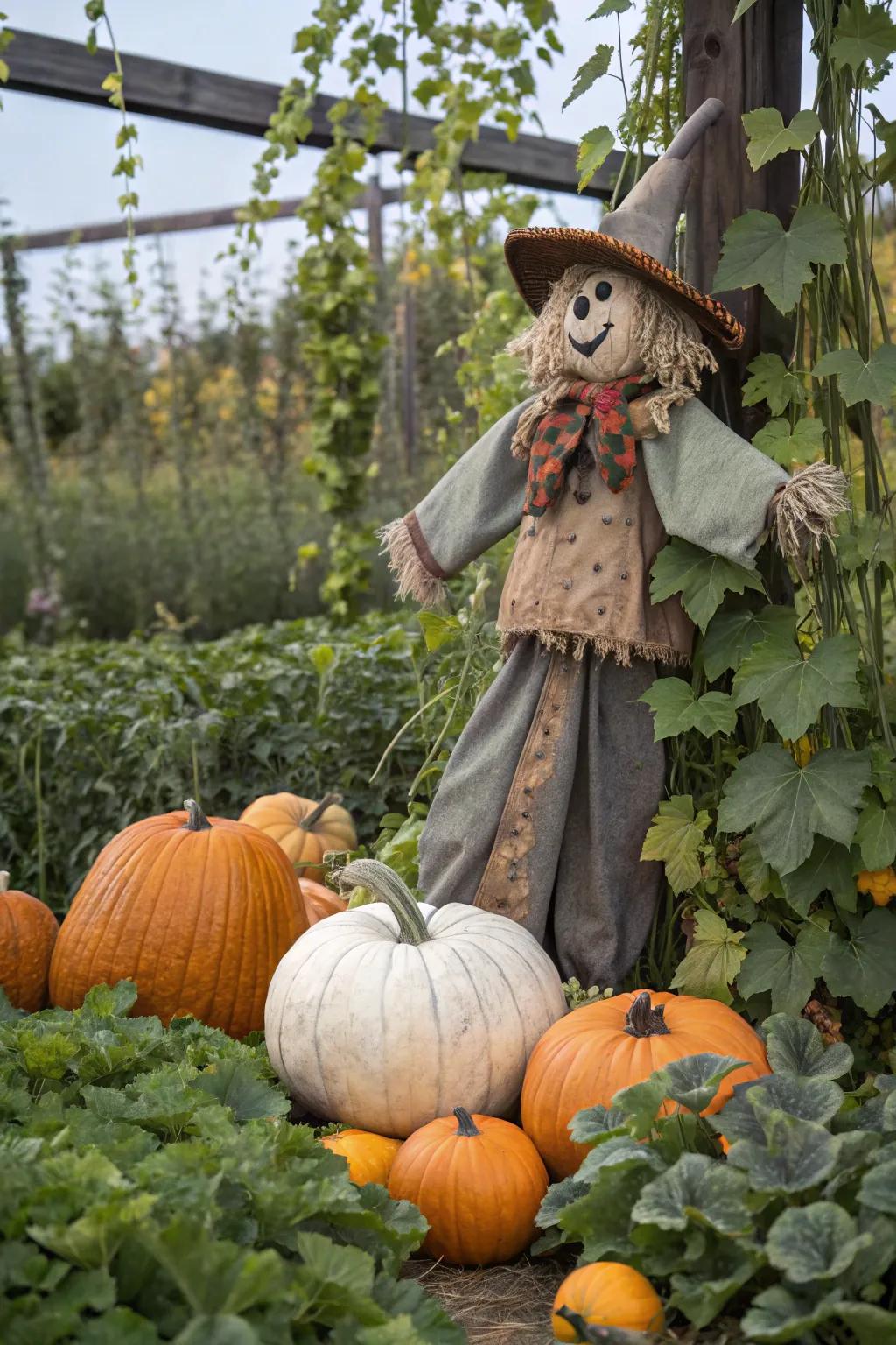 An effigy nestled among gourds infuses a whimsical impression.