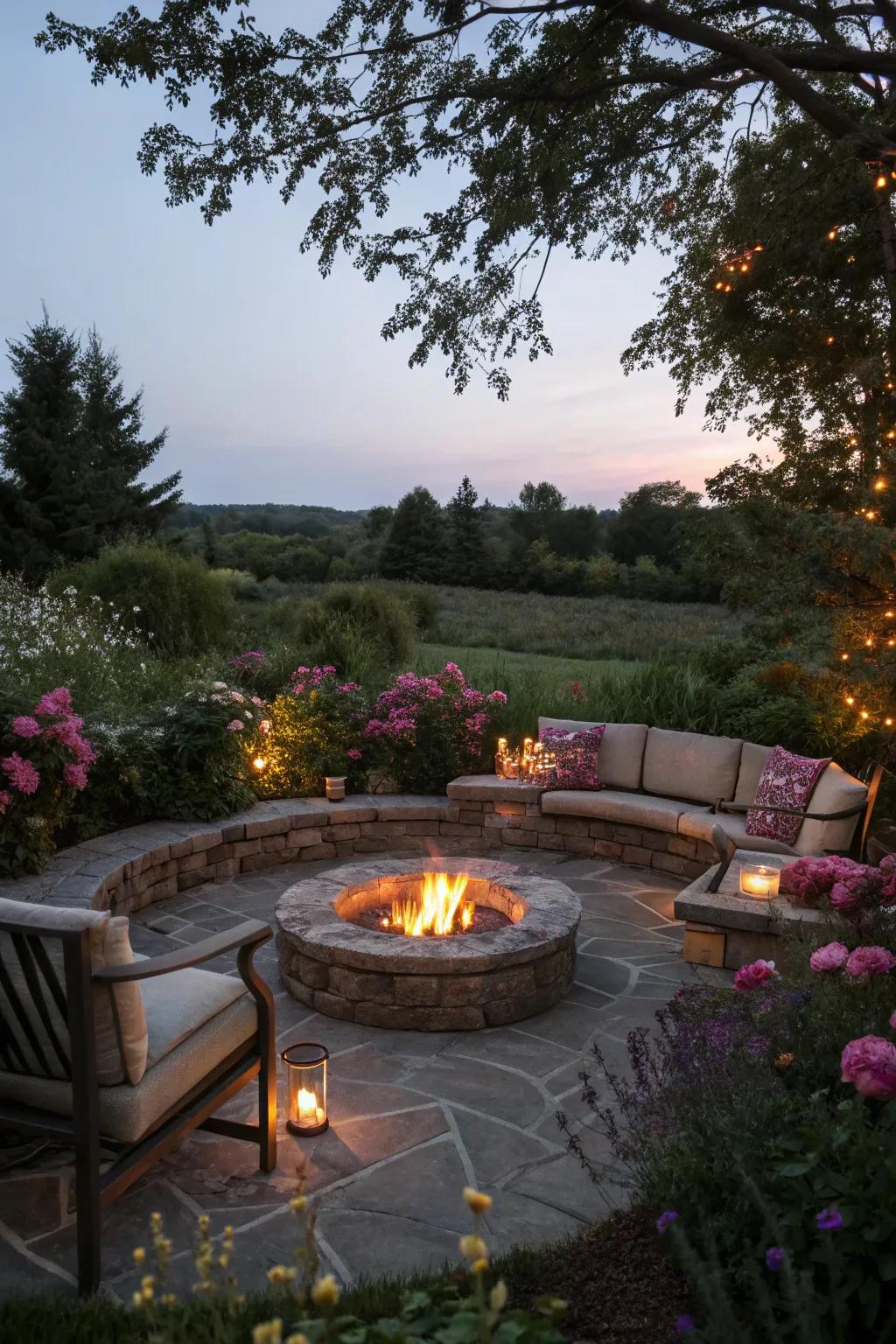 A snug fire pit arrangement ideal for mingling and unwinding.