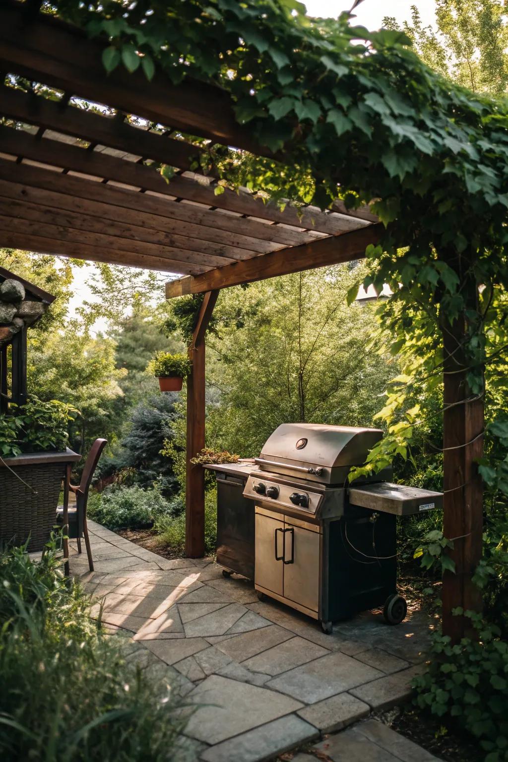 A garden shade provides shade and style to your grill spot.