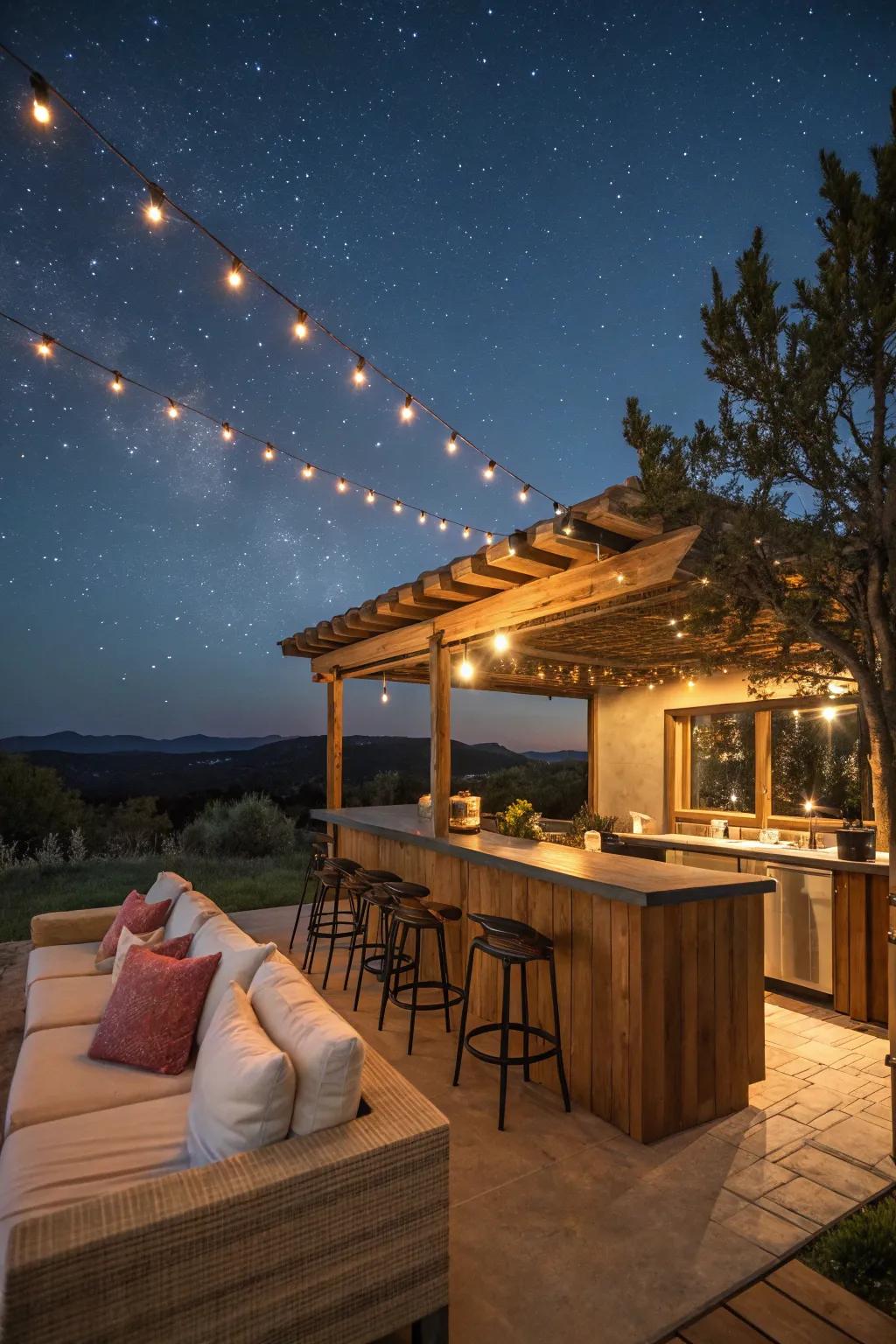 Twinkle lights fashion a starlit vibe, ideal for evening get-togethers.