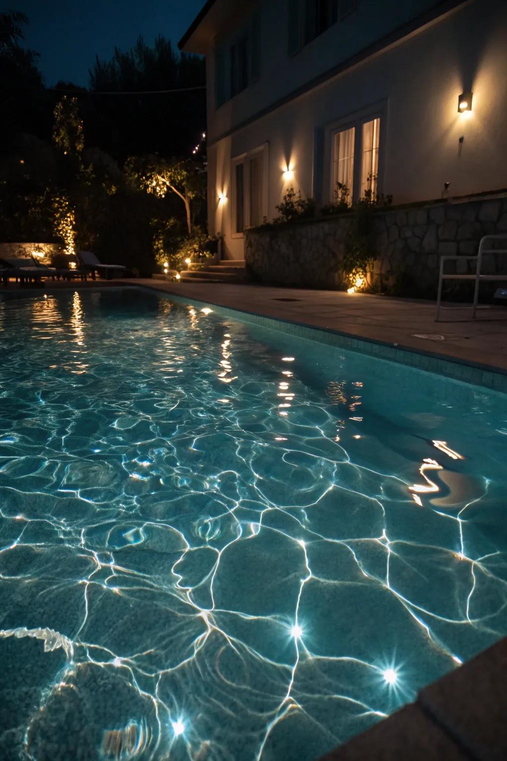 Submerged lamps produce a mesmerizing glow, rendering the pool a center point.
