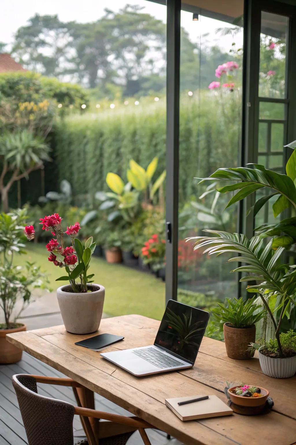 Rich flora improves the peaceful feel of the outdoor office.
