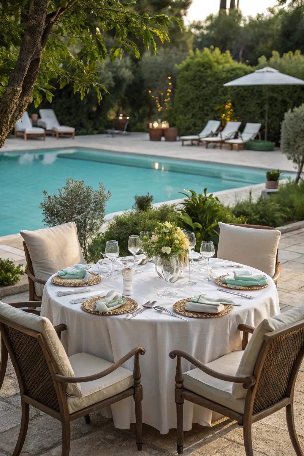Dine stylishly by the pool with a refined outdoor setup.
