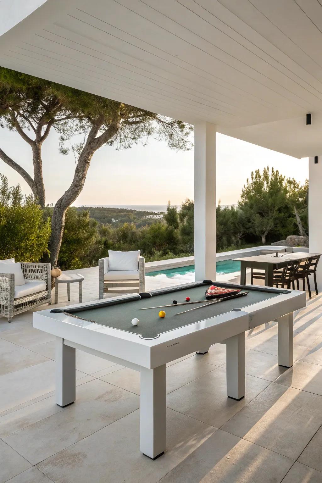A polished, contemporary outdoor game table arrangement with minimalist furnishings.