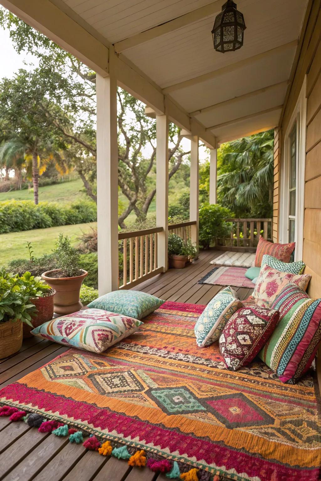 Vibrant fabrics append a sensation of warmth and individuality to this porch.