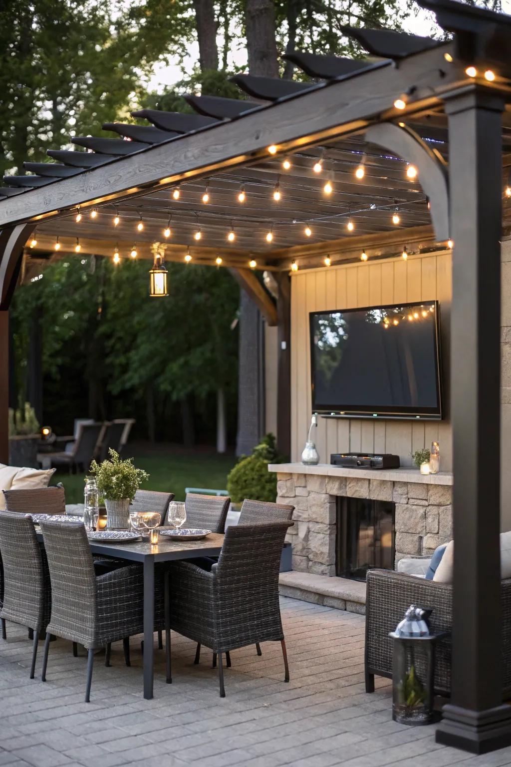 A TV under a pergola blends style and functionality in open-air spaces.