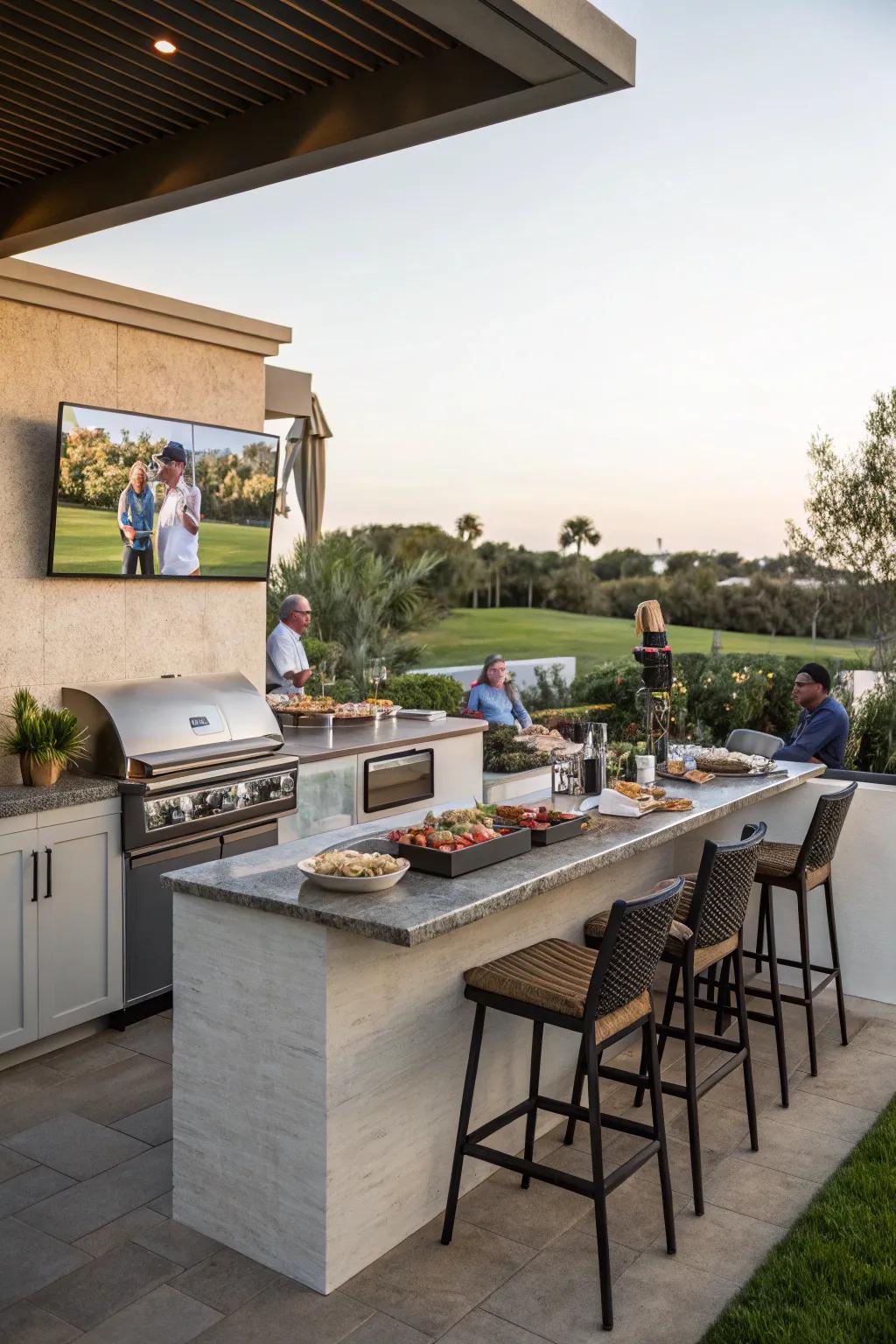 An open-air culinary space enhances your television arrangement, optimal for social events.