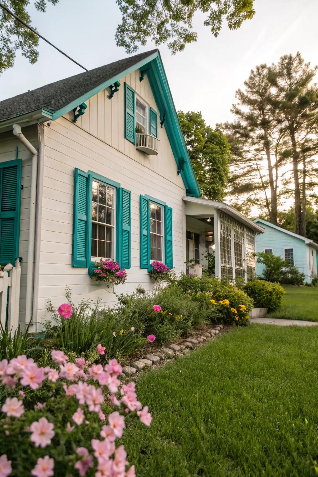 Charming house adorned with vibrant turquoise shutters.
