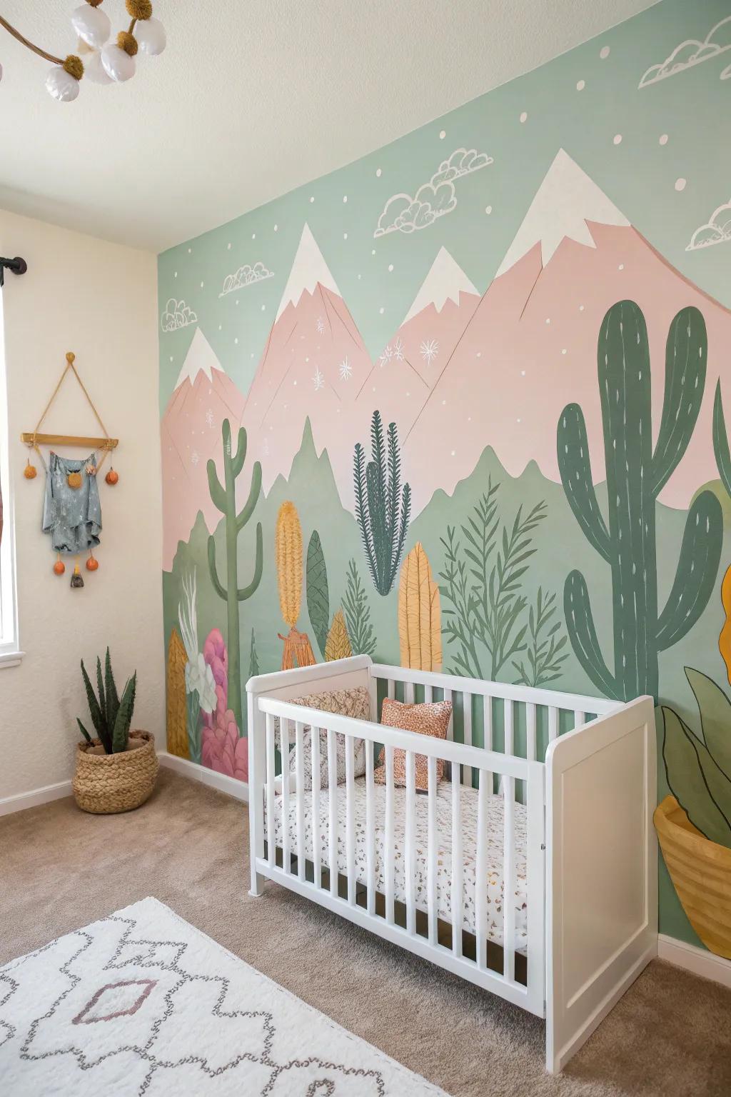 Nature-themed murals can transform a nursery into an exploratory world.