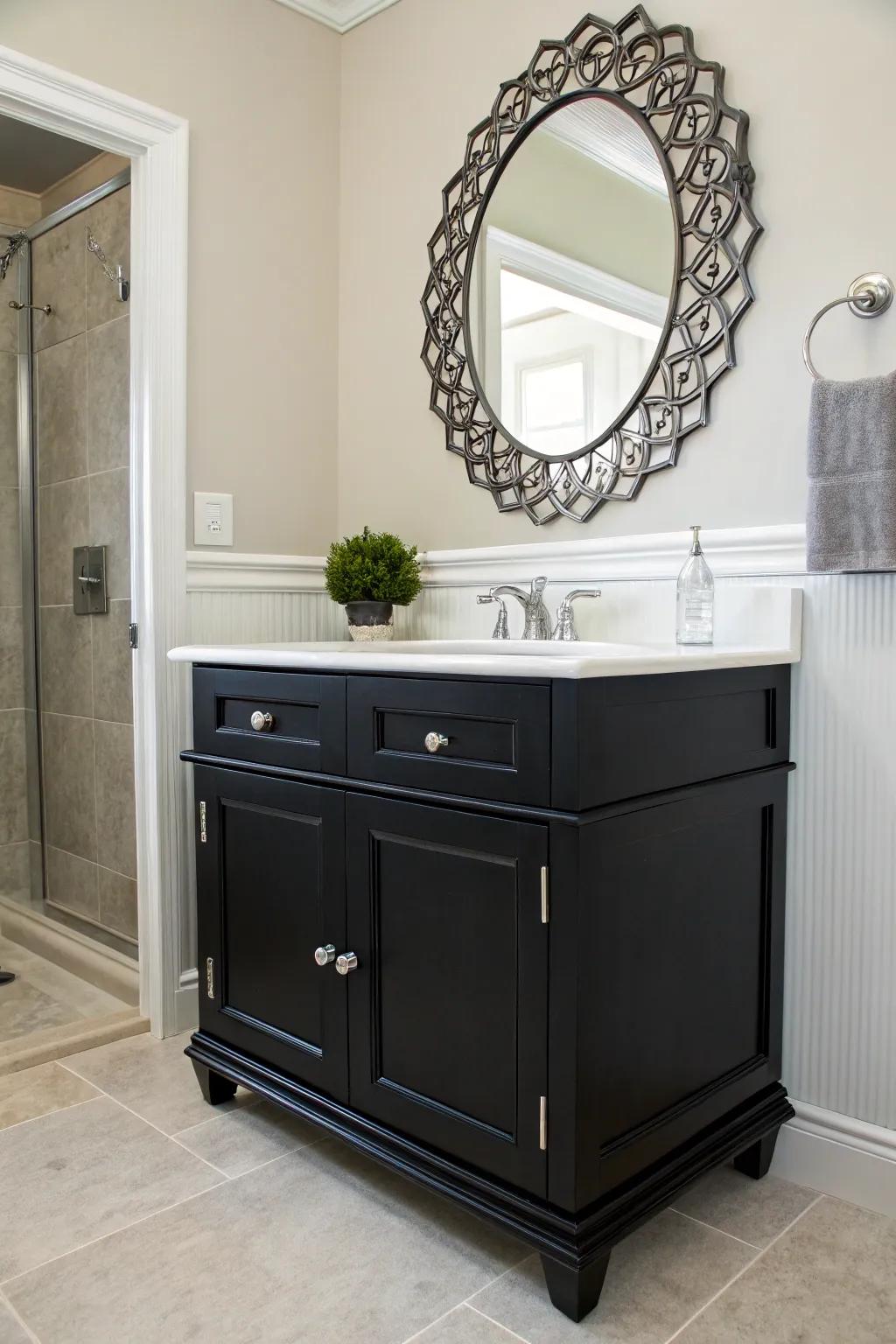 An ebony vanity creates a bold, ageless statement.