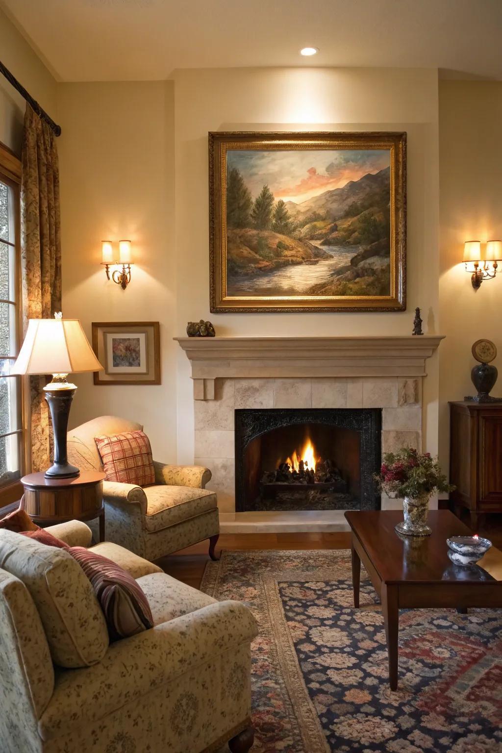 A living room showcasing a large painting above the fireplace, acting as a central focal point.