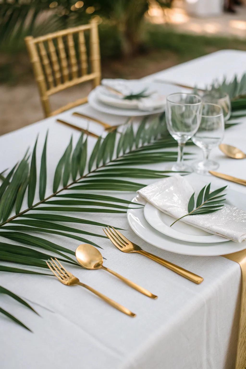 Gilded embellishments harmonize wonderfully with tropical fronds for a lavish aesthetic.
