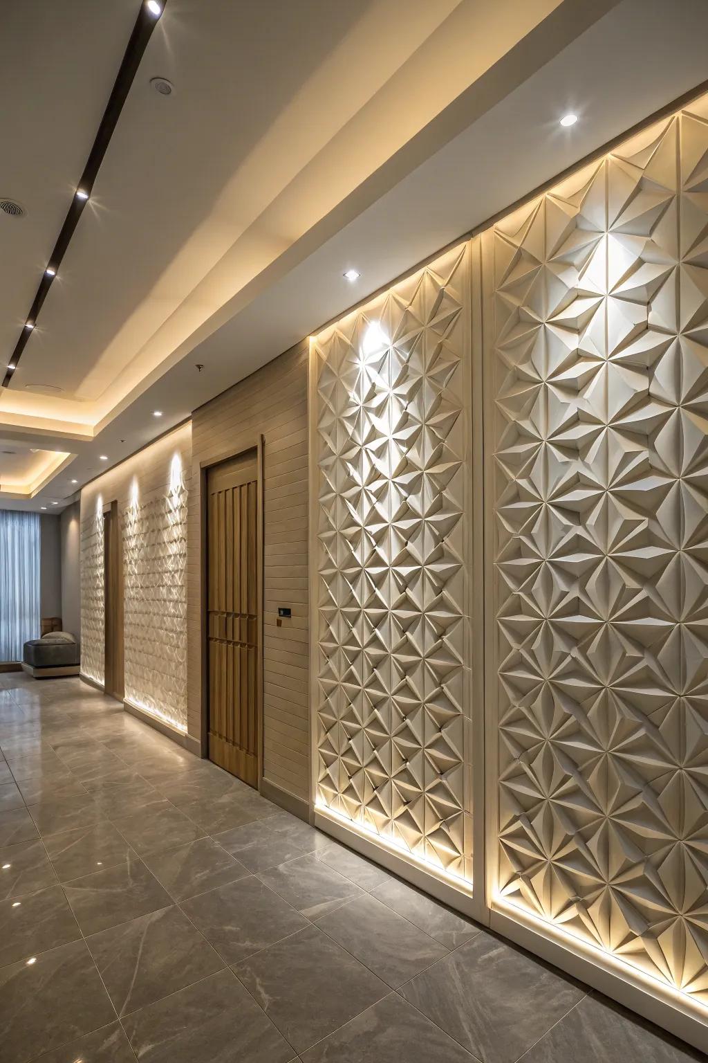 Room displaying dynamic 3D textured panel designs.