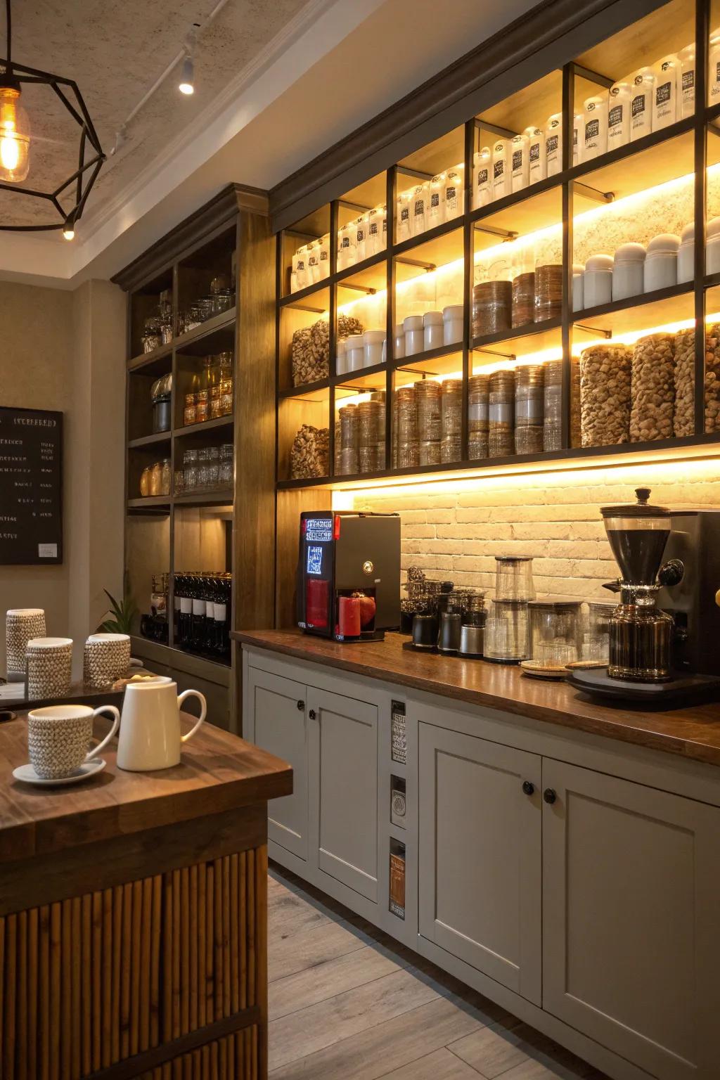 Integrated lighting amplifies the visual charm of your coffee bar.