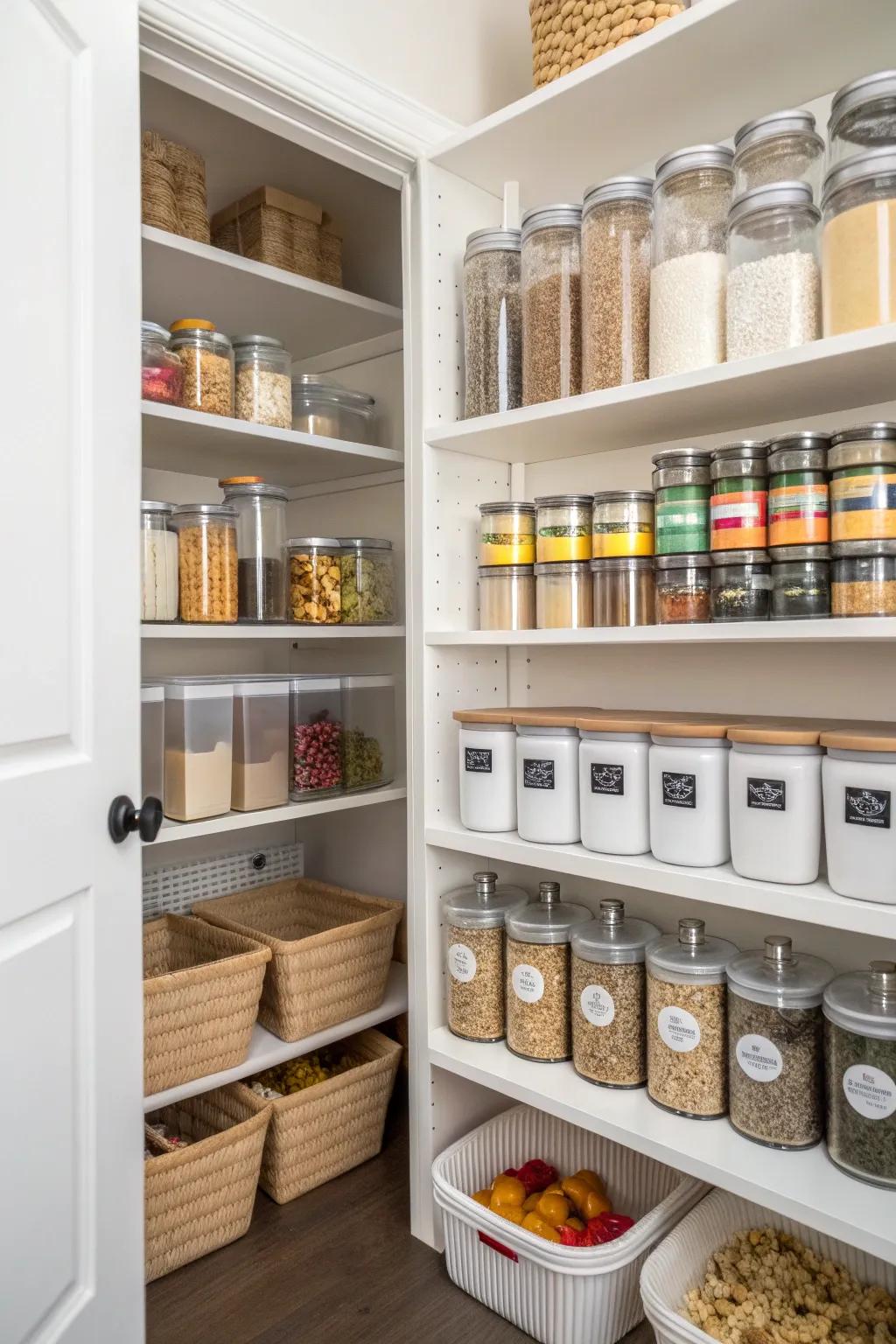 Branded jars and vessels within a pantry establish an efficient and organized visual.