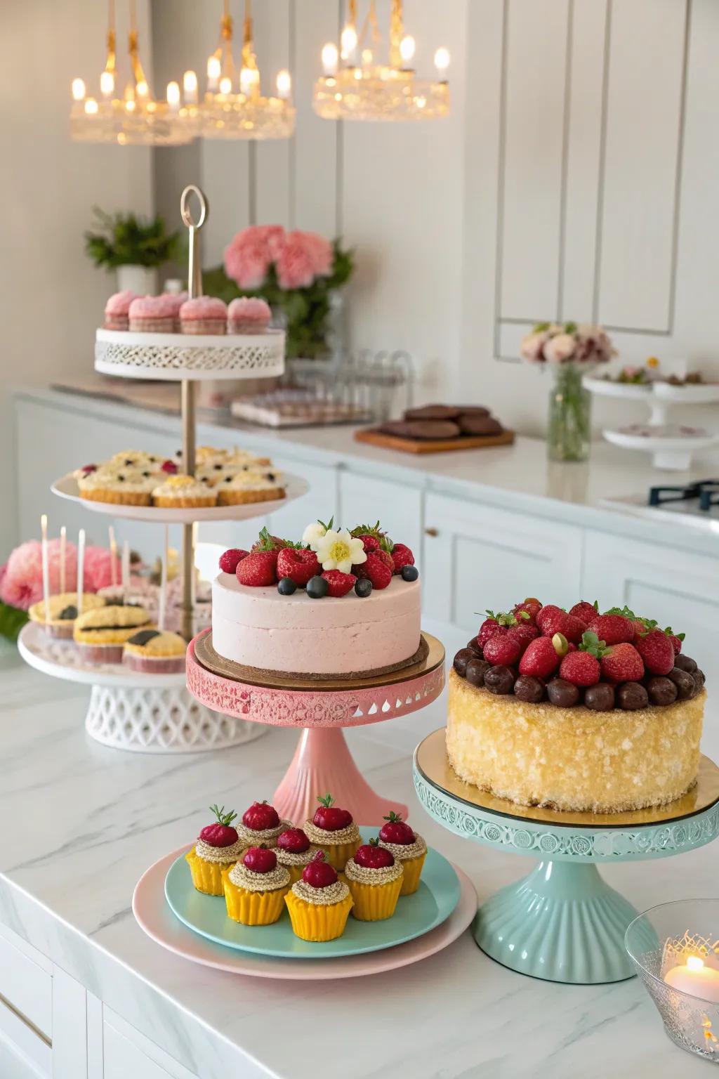 Multi-tiered stands elevate the aesthetic of the dessert display.