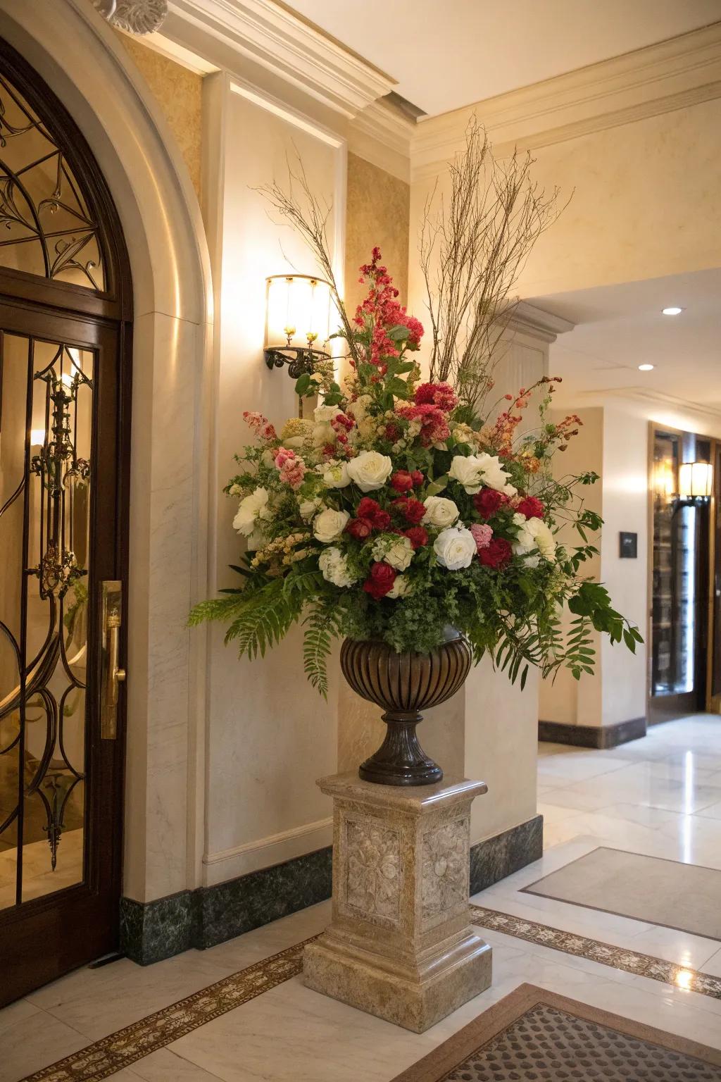 A sophisticated botanical display appends refinement and color to your entryway.