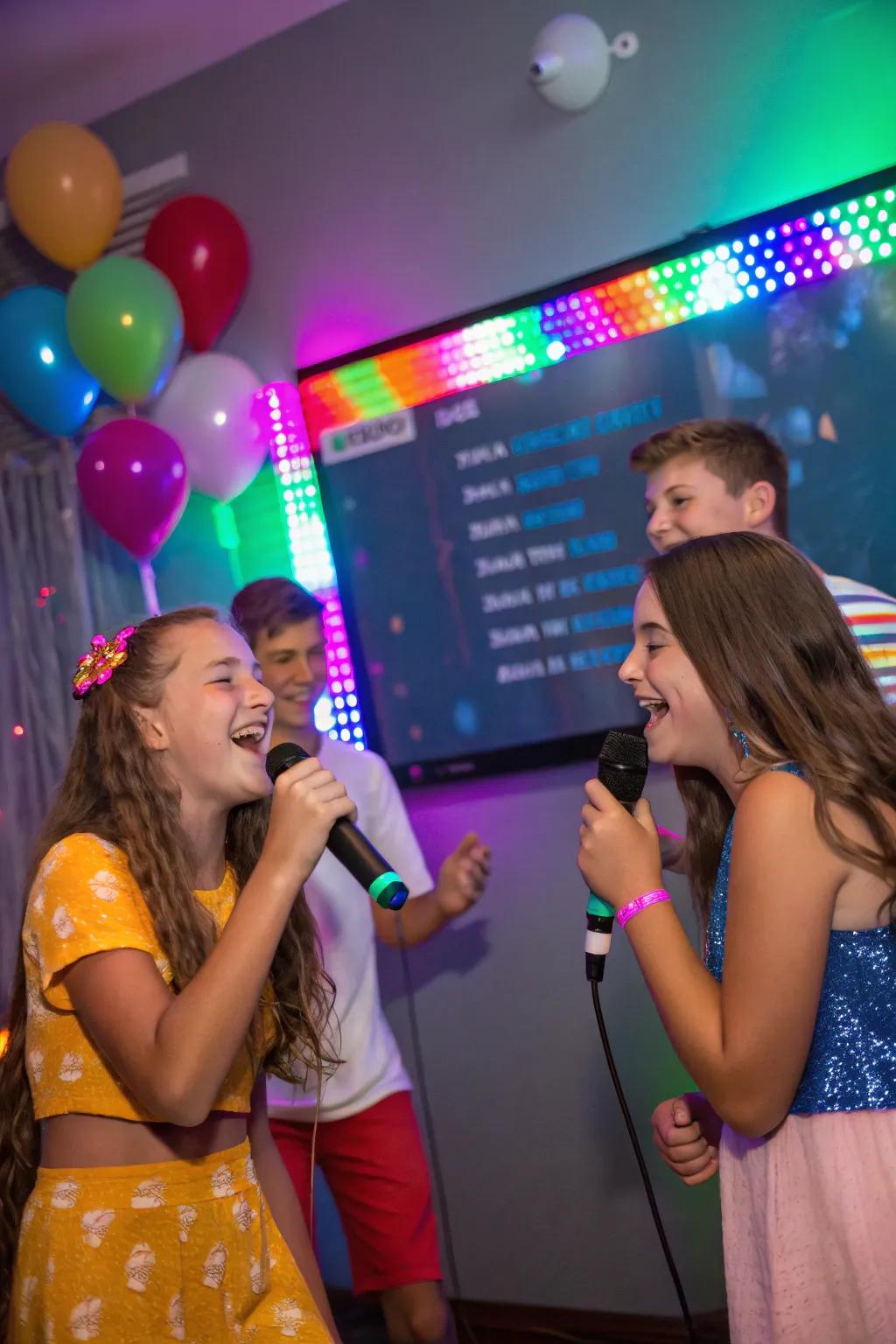 An energetic karaoke night filled with teens singing joyfully.