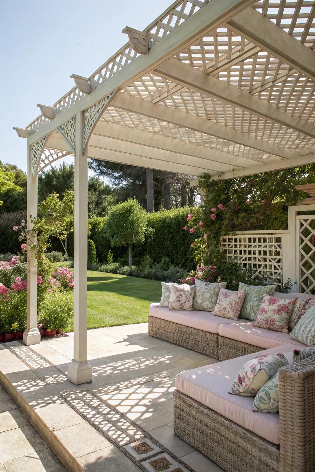 An arbor featuring a fretwork rooftop delivers elegant shade and a welcoming outdoor room perception.