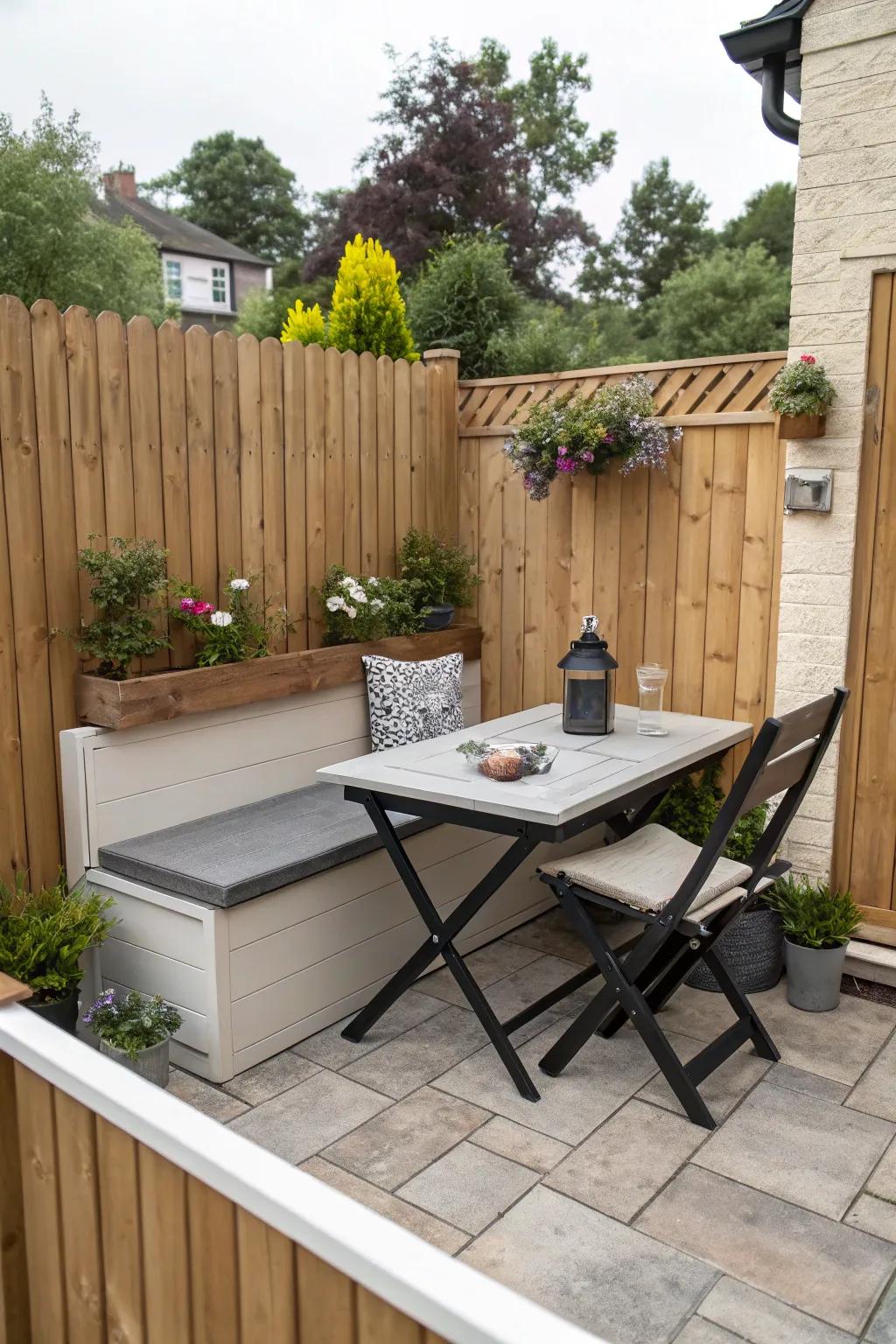 Small patio spaces are maximized by multi-functional furniture.