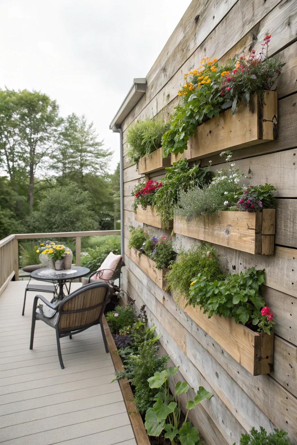 A wood wall featuring in-wall boxes for extra greenery.