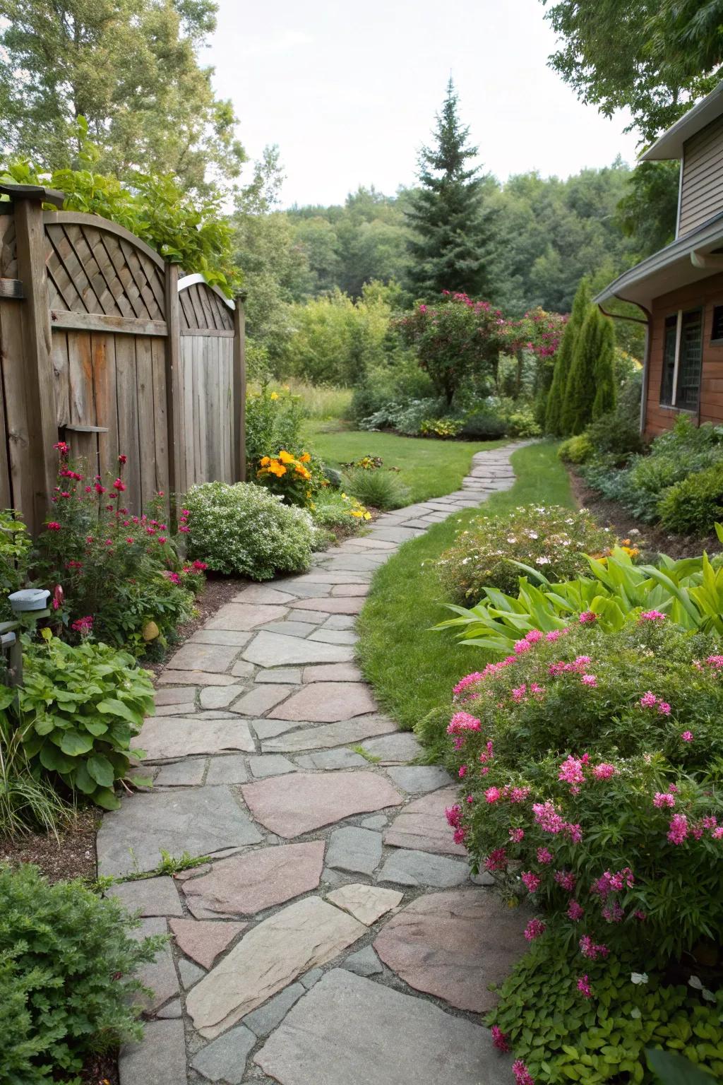 A natural flagstone walkway merging with garden foliage.