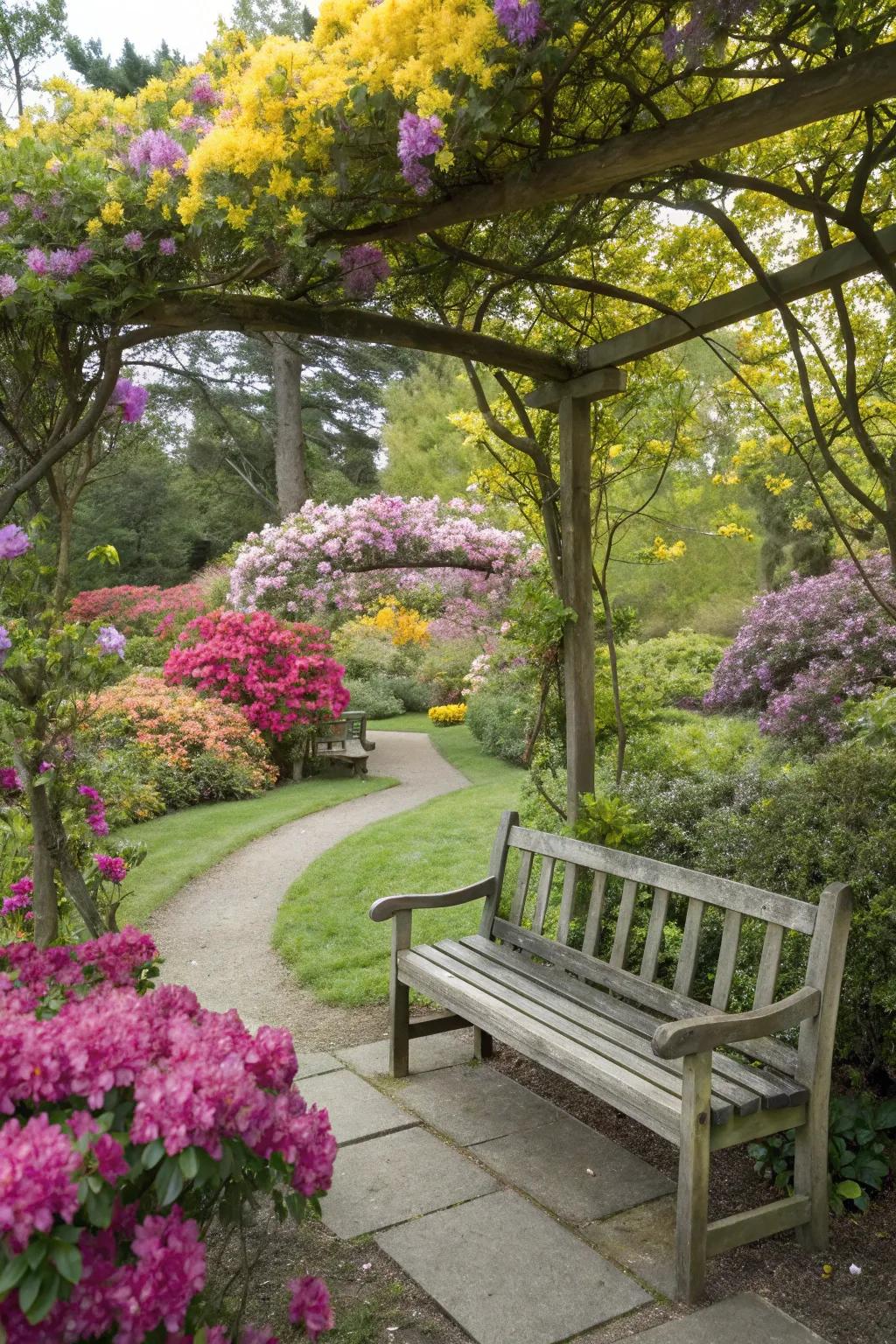 A wooden seat provides a cozy location to relax amidst nature.