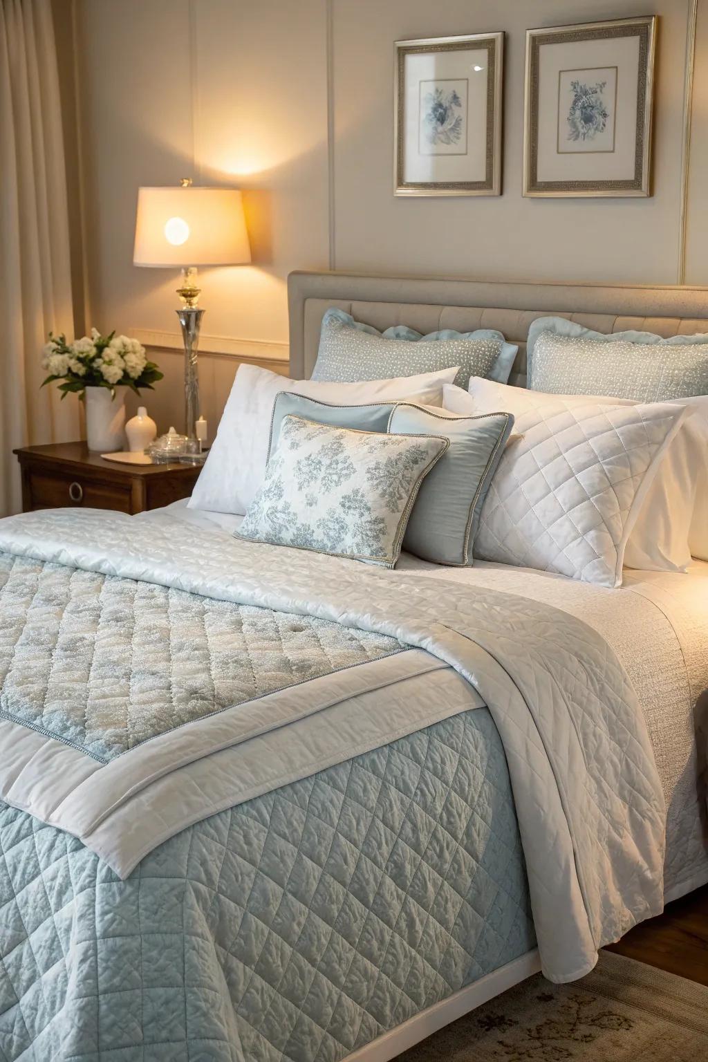 A cozy bed adorned with soft textiles and layered cushions for added comfort.