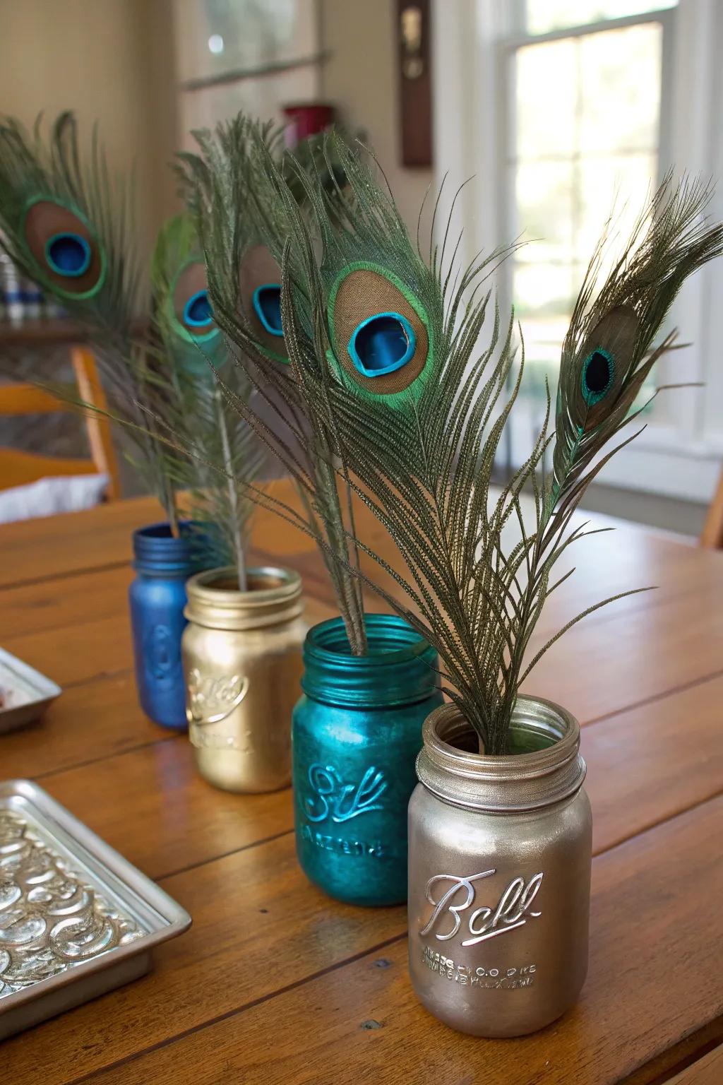 Country-style refinement with glass jars and avian plumes.